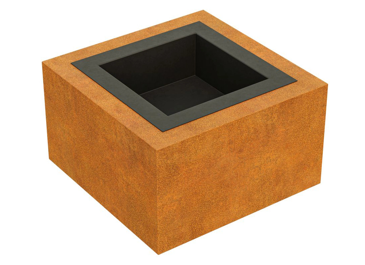 Quadratische Feuerschale aus Cortenstahl in moderner, klarer Formgebung, stilvolle Feuerstelle und minimalistisches Feuerobjekt mit Edelrost-Patina für Terrasse und Garten.