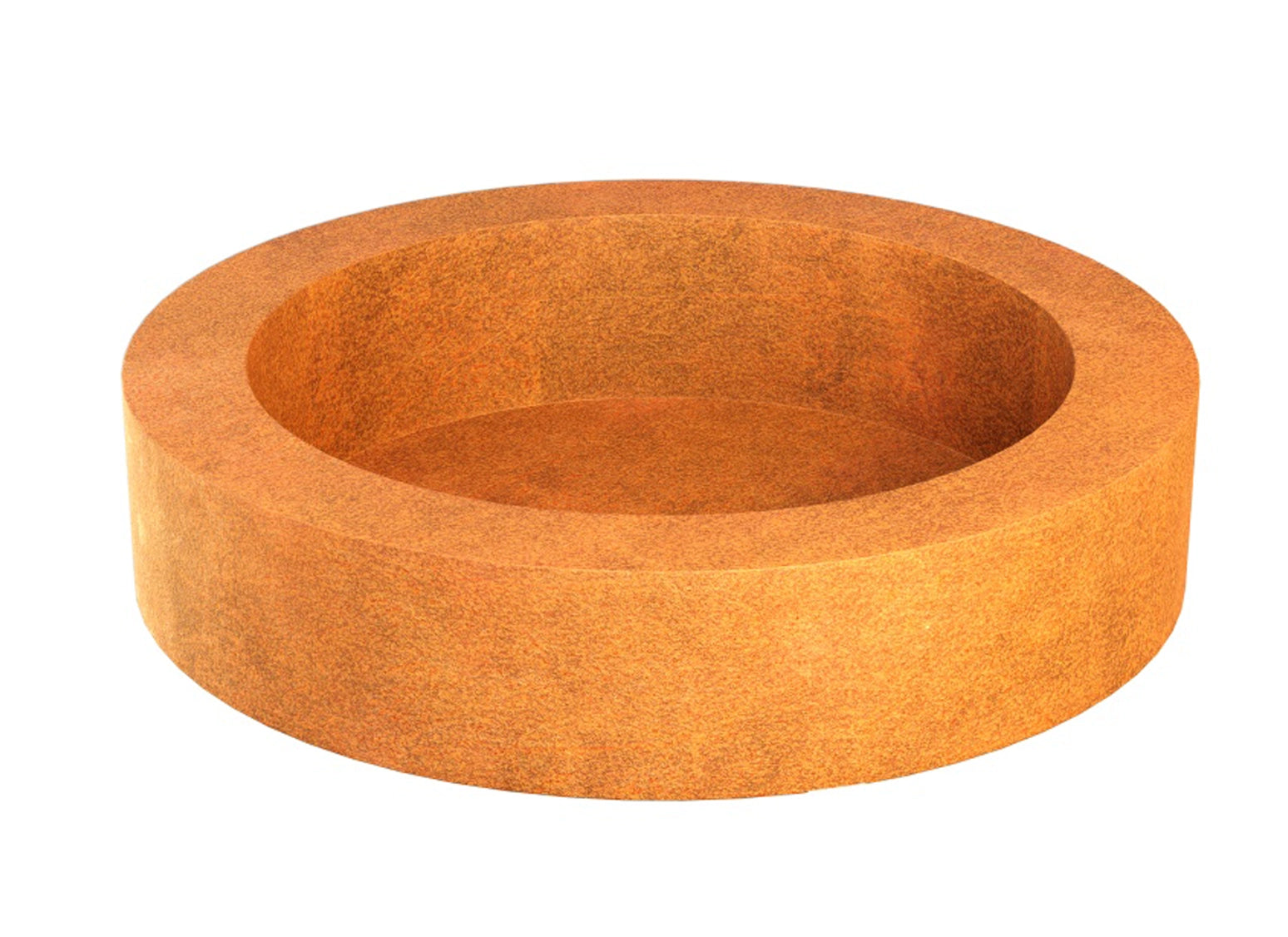 Runde Feuerschale aus Cortenstahl ohne Füße von Liegeland, moderne Feuerstelle mit flacher Standform und Edelrost-Patina für stilvolle Terrassen- und Gartengestaltung.