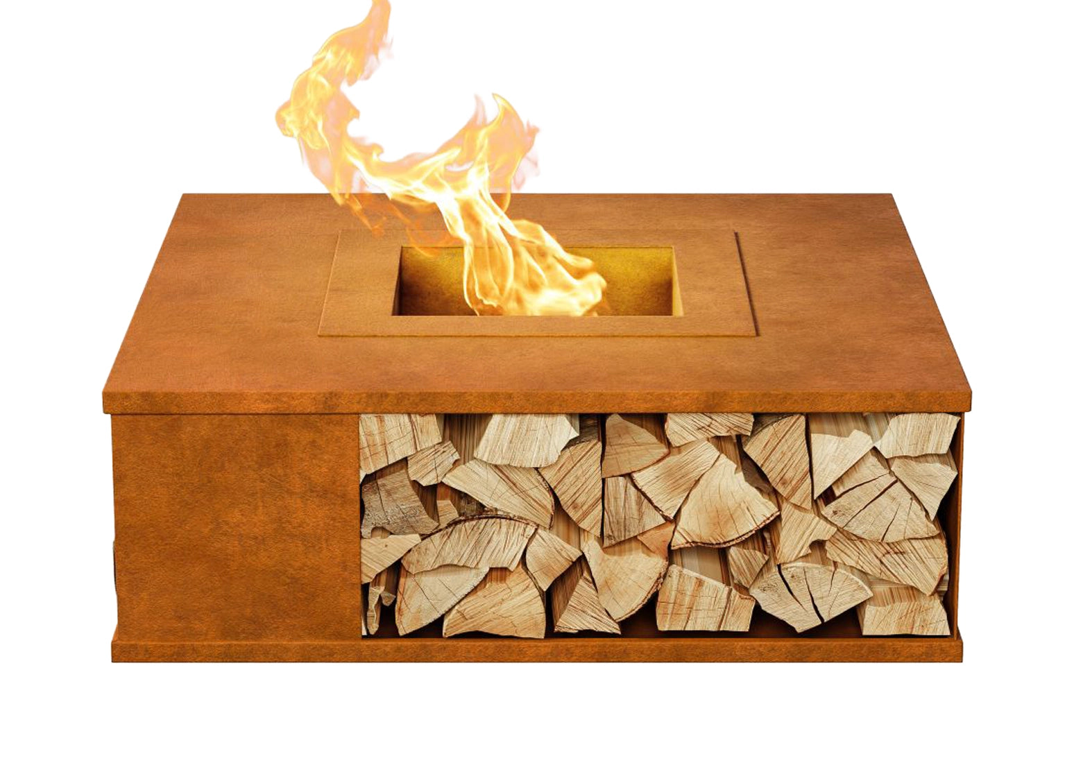 Quadratische Feuerschale aus Cortenstahl mit integriertem Holzvorratsbereich, moderne Feuerstelle und architektonisches Feuerobjekt in Edelrost-Optik für Terrasse und Garten.