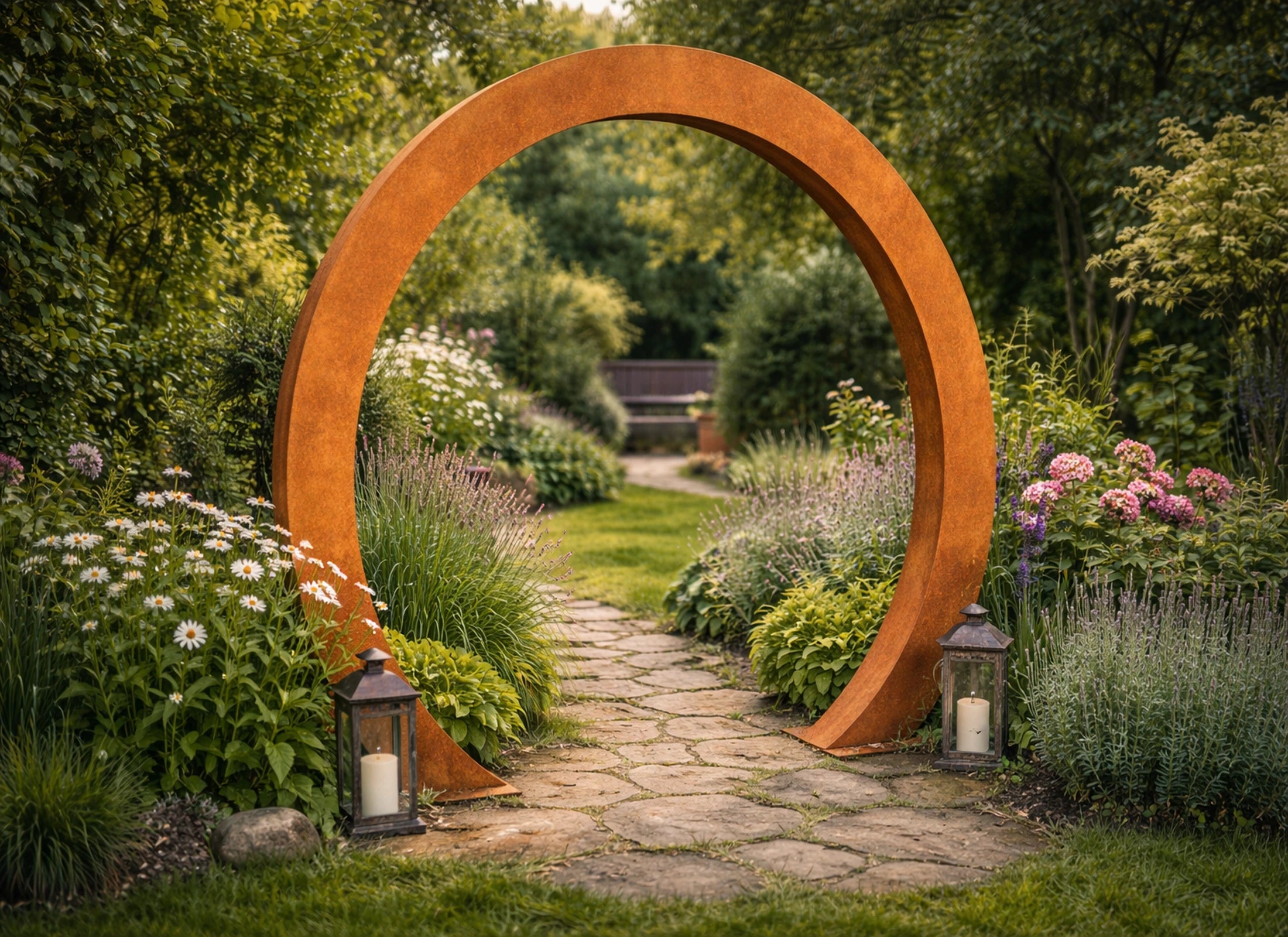 Gartenbogen aus Cortenstahl – dekorativer Rankbogen, Rosenbogen und Metallbogen für Wege, Eingänge und begrünte Gartenübergänge, fest im Boden montierbar