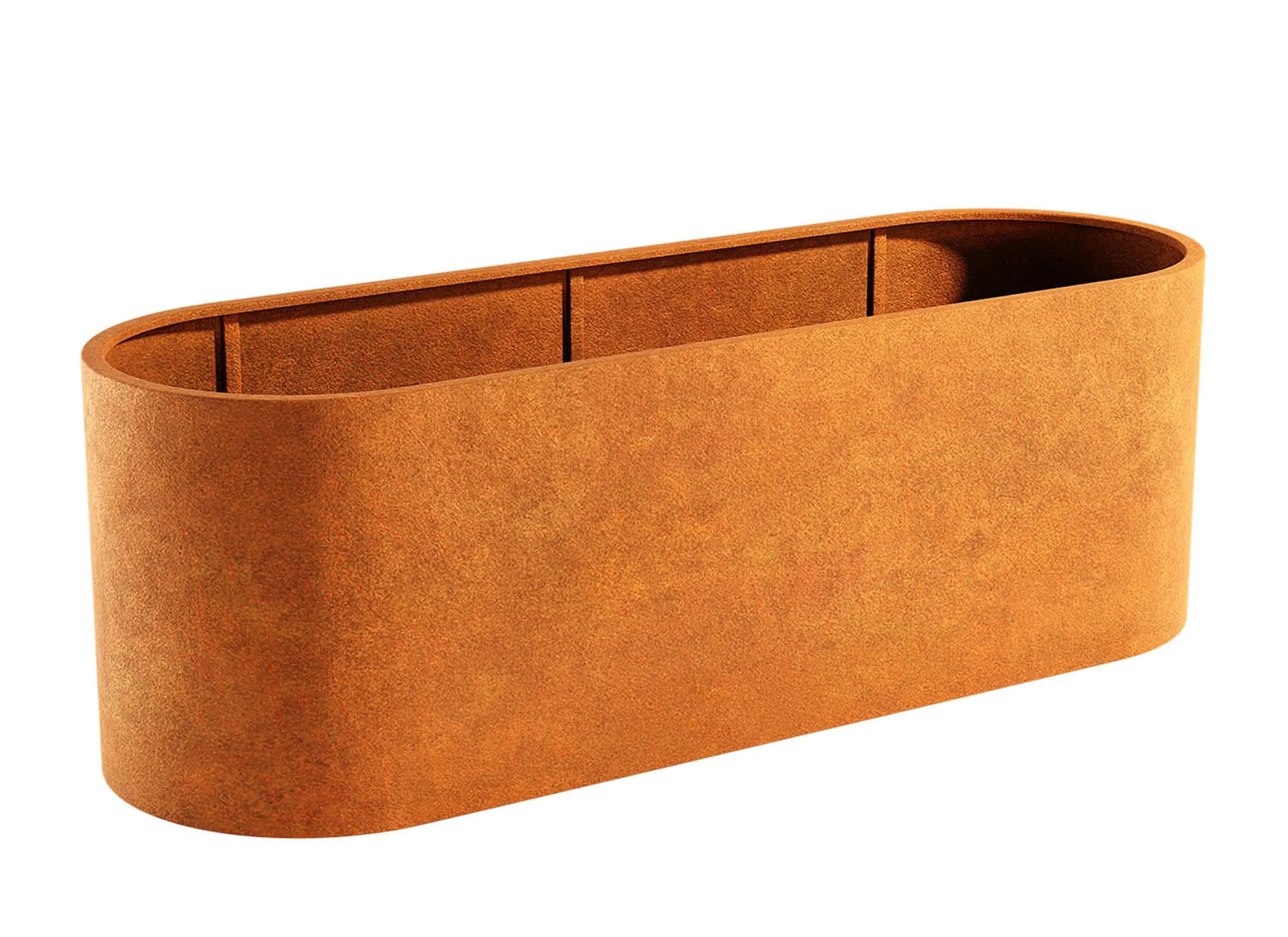 Ovales Hochbeet 180x90x90 cm aus 2 mm Cortenstahl mit integrierter Drainage, unterfahrbarer Pflanzcontainer für flexible Einsätze im öffentlichen Raum und Urban Gardening.