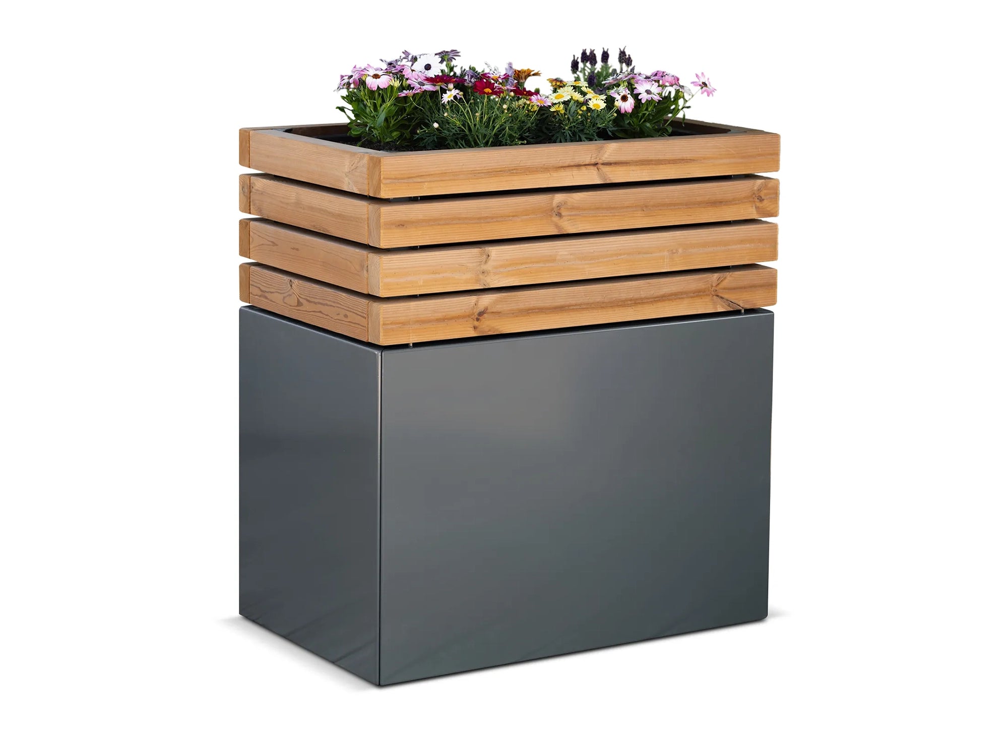 Hochbeet Harmona als ergonomisches Pflanzbeet mit angenehmer Arbeitshöhe, Kombination aus Blumenkasten Rosalina und stabilem Stahluntergestell in RAL 7043 für rückenschonendes Gärtnern im Außenbereich.