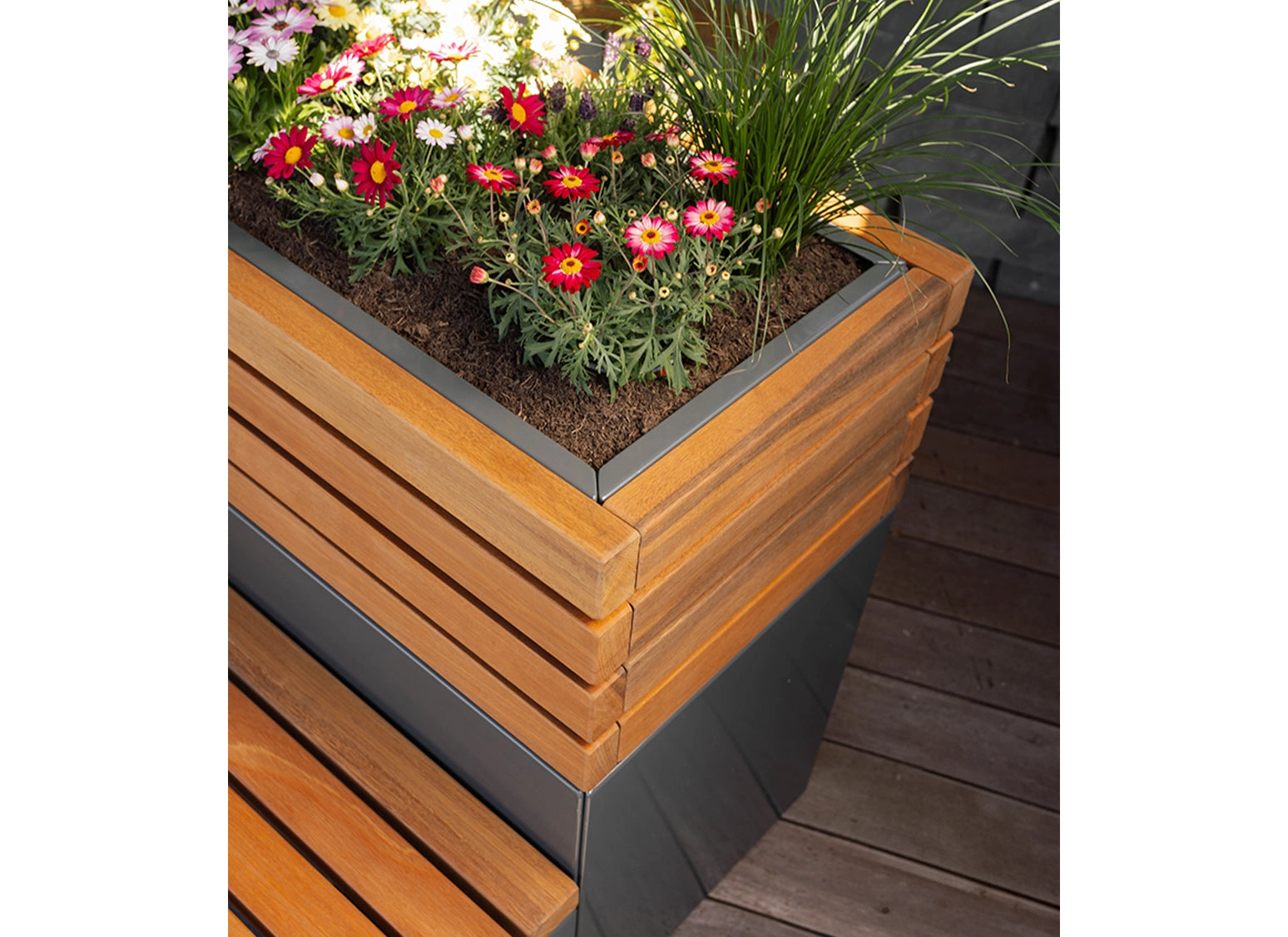 Ergonomisches Hochbeet Symbiona aus Holz und Stahl, pulverbeschichtet in RAL 7043, hochwertiges Pflanzbeet für komfortables Gärtnern in anspruchsvollen Gärten.