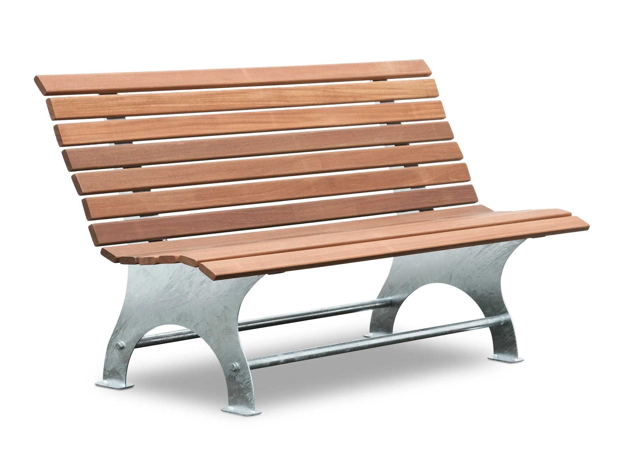 Gartenbank Linara mit 5 mm starkem Stahlgestell, wahlweise feuerverzinkt oder verzinkt und pulverbeschichtet in RAL 7043, witterungsbeständige Parkbank mit Bangkirai oder Thermoholz.