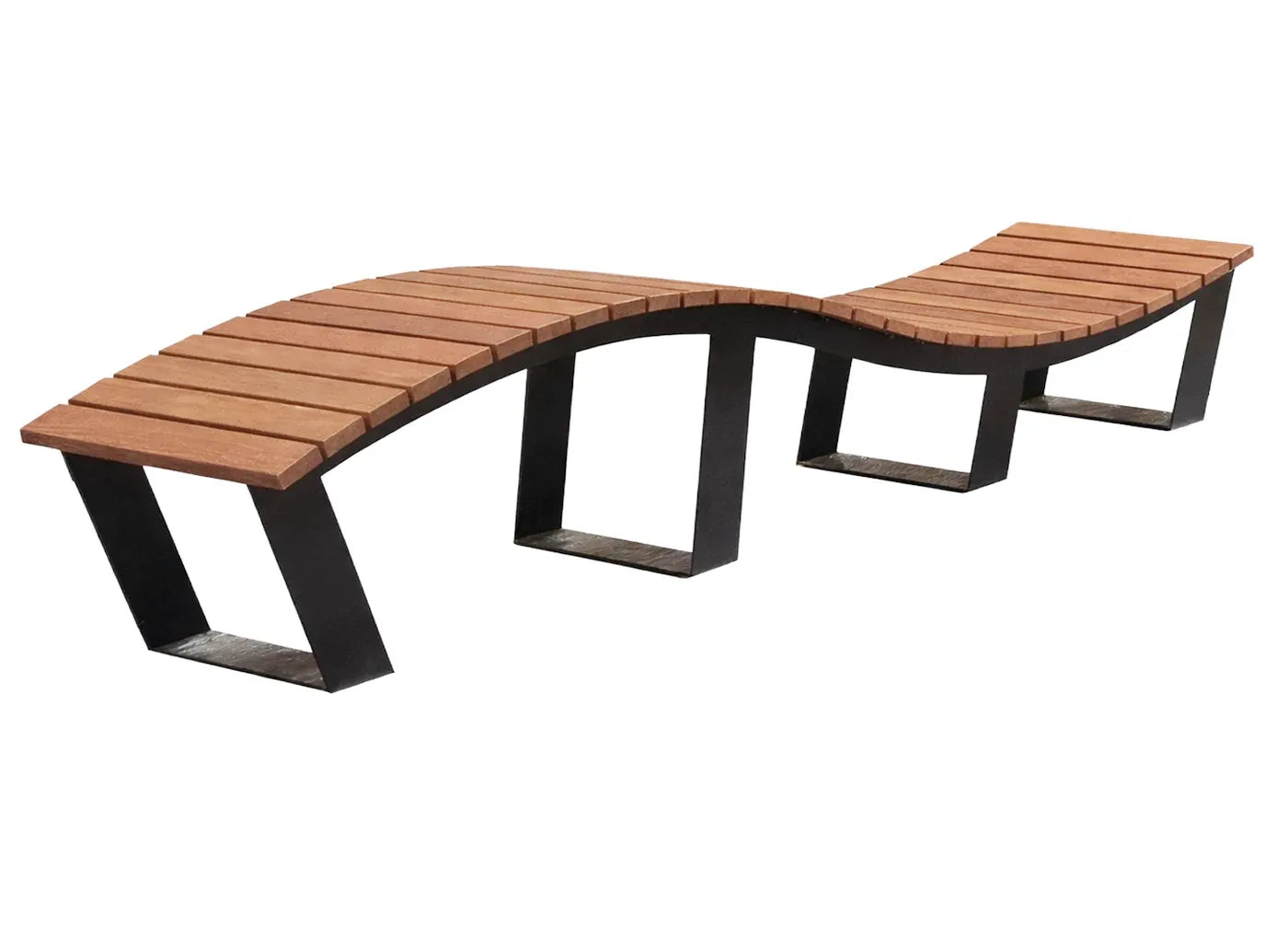 Sitzbank Storm ohne Rückenlehne, wellenförmige Designer-Sitzbank mit modular erweiterbarer Bauweise, Tropen-Hartholz und verzinktem, pulverbeschichtetem Stahlgestell in RAL 7016.