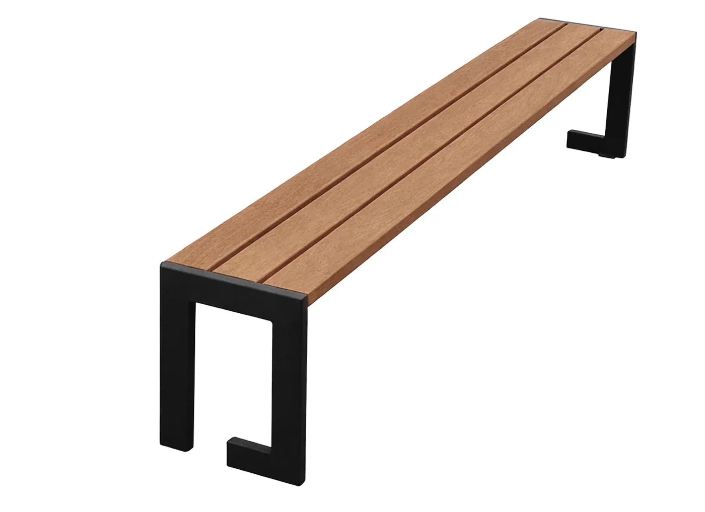 Sitzbank Forest 200x37x44 cm ohne Rückenlehne, geradlinige Gartenbank mit Tropen-Hartholz und verzinktem, pulverbeschichtetem Stahlrahmen in RAL 7016.