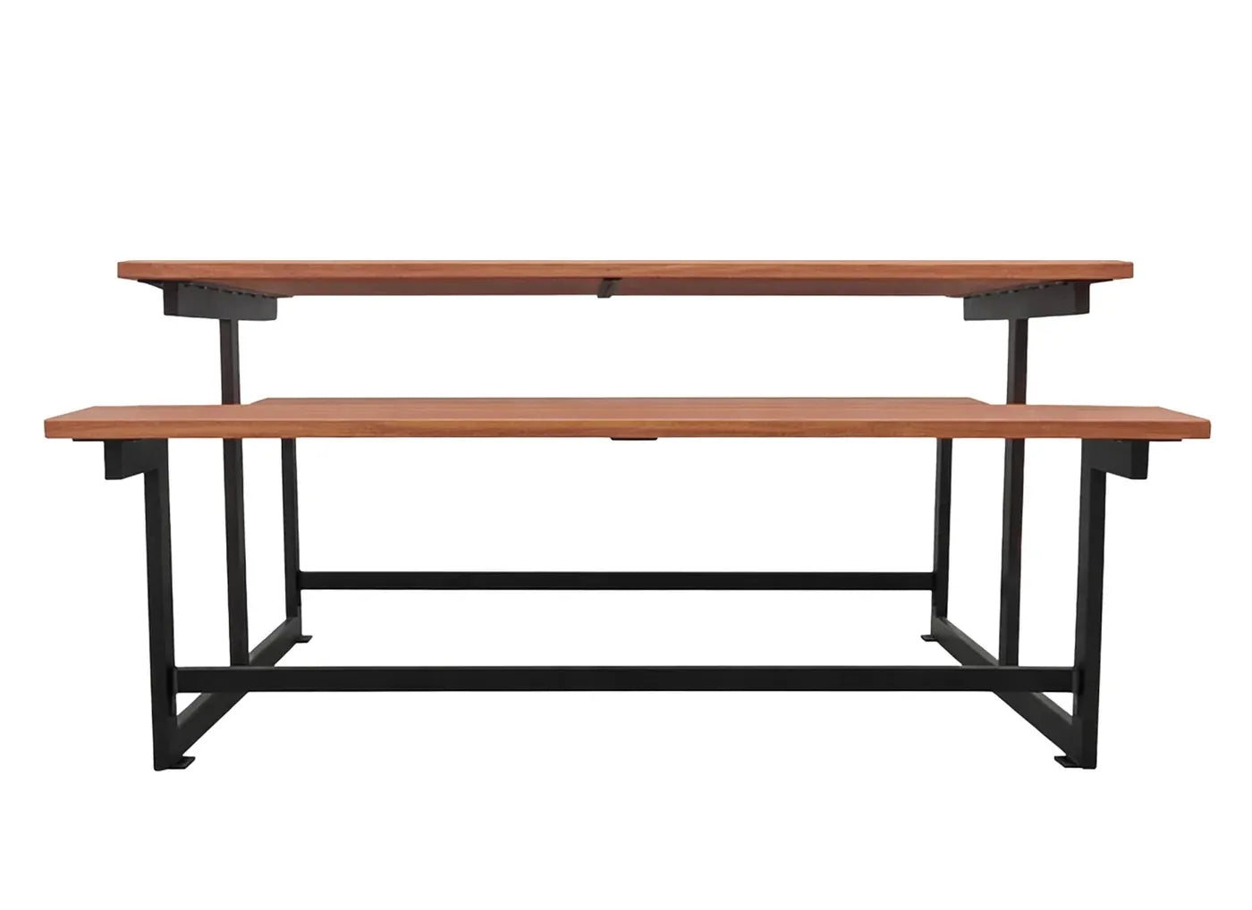 Sitzgruppe Forest in erhöhter Ausführung als robuste Outdoor-Sitzanlage mit verschweißten Sitzbänken und Tisch, komfortable Picknickgruppe für längeres Verweilen in Parks und Pausenbereichen.