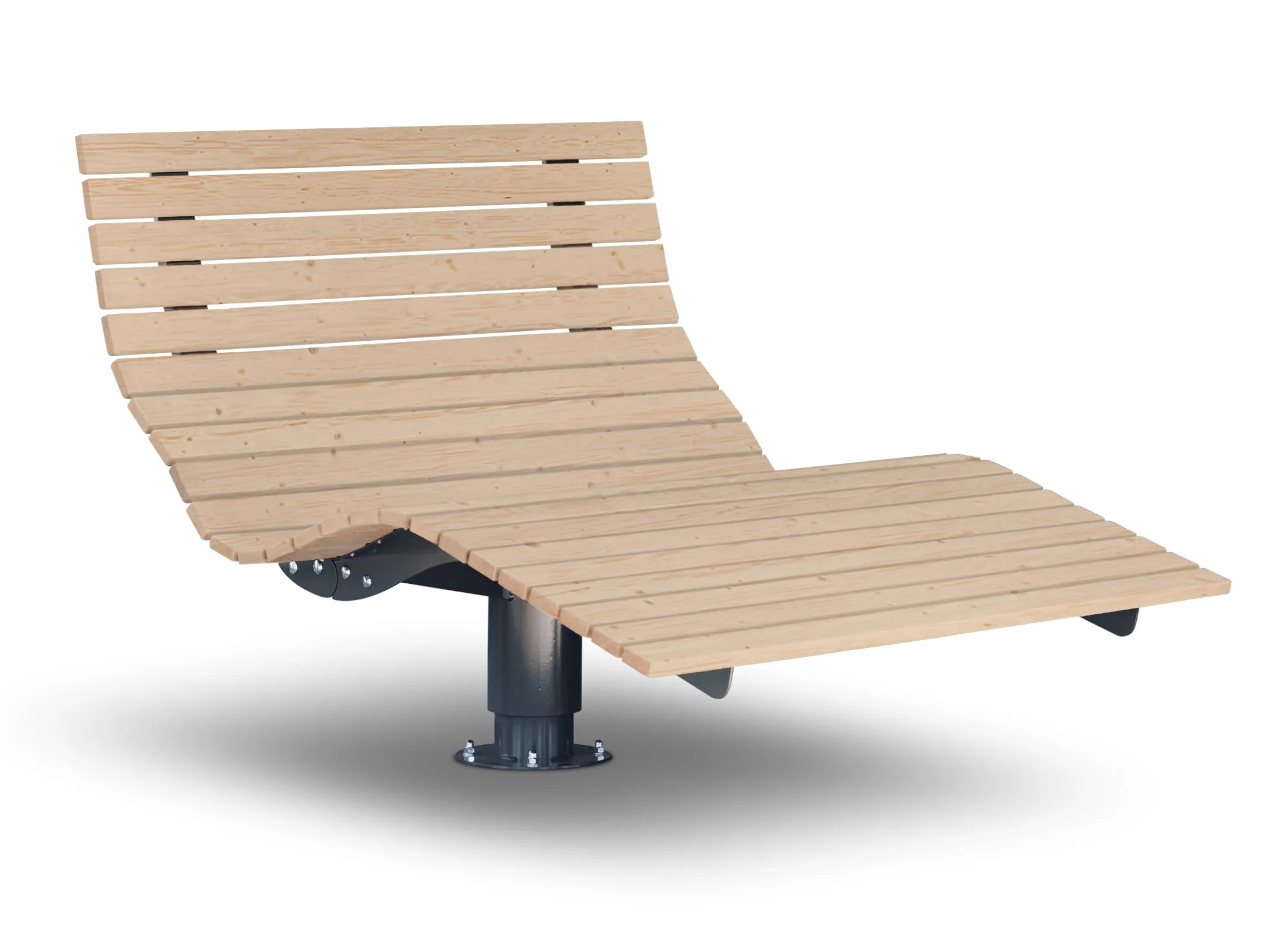 Waldsofa Drehbar von Liegeland aus nordischer Fichte mit pulverbeschichtetem Stahlrahmen in RAL 7043, rotierende Garten-Doppelliege zur festen Verankerung im öffentlichen Raum.