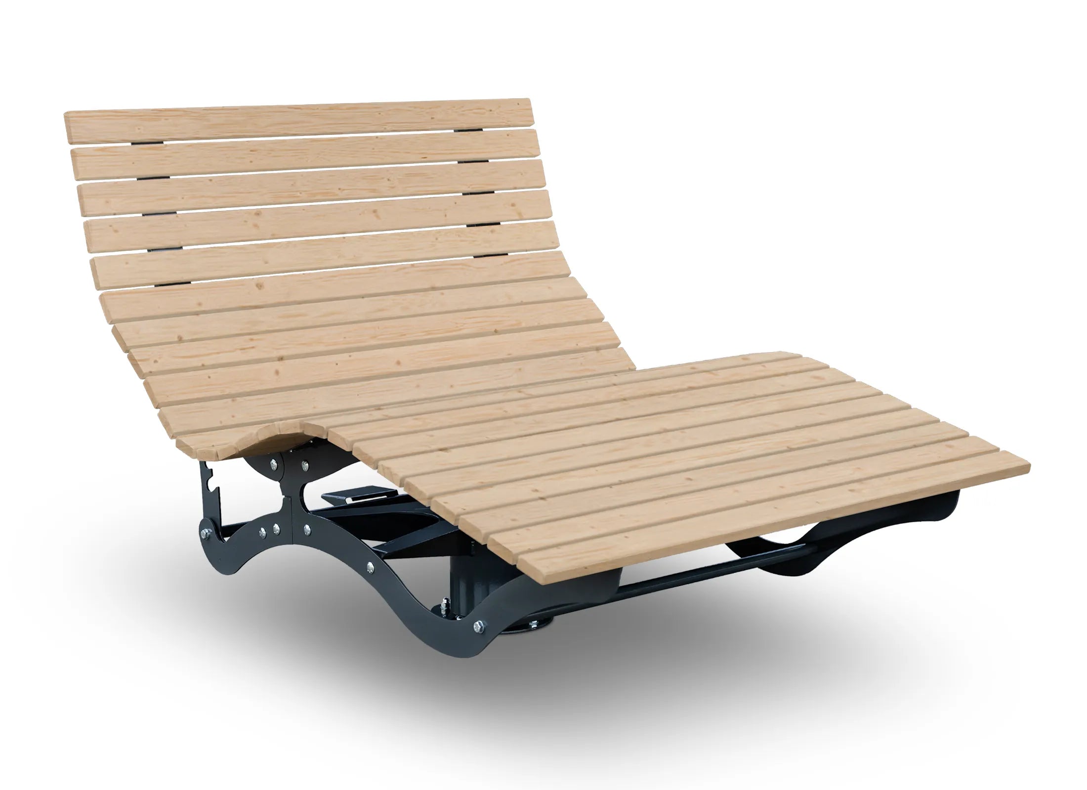 Dreh-Waldsofa von Liegeland aus nordischer Fichte ohne Grundplatte, 360° Drehliege mit verstellbarer Rückenlehne und stabiler Stahlkonstruktion RAL 7043 für feste Installation.