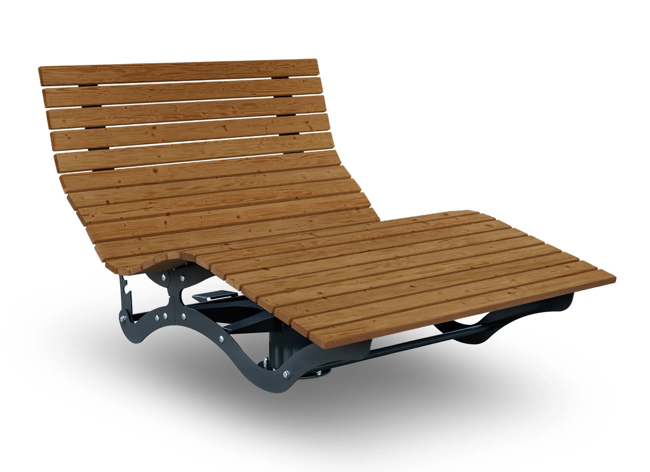 Waldsofa Dreh- und Verstellbar von Liegeland aus Thermoholz ohne Grundplatte, 360° drehbare Natur-Liegesofa-Konstruktion mit ergonomisch einstellbarer Rückenlehne.