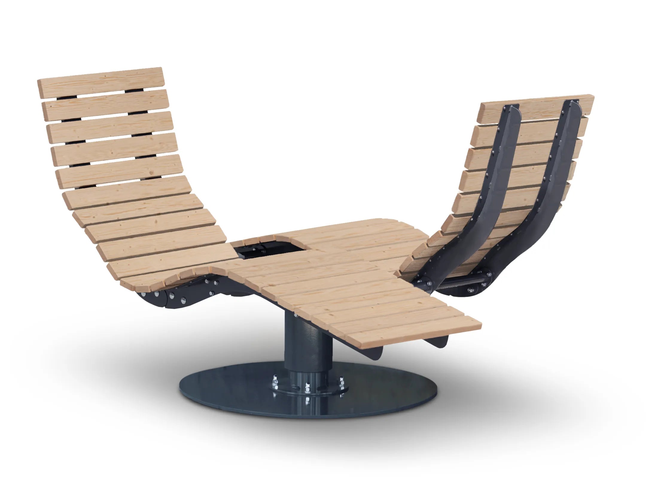 Waldsofa Gegenüberliegend von Liegeland aus nordischer Fichte mit Grundplatte, rotierbare Garten-Doppelliege und kommunikative Outdoor-Ruheinsel mit 360° Drehmechanismus.