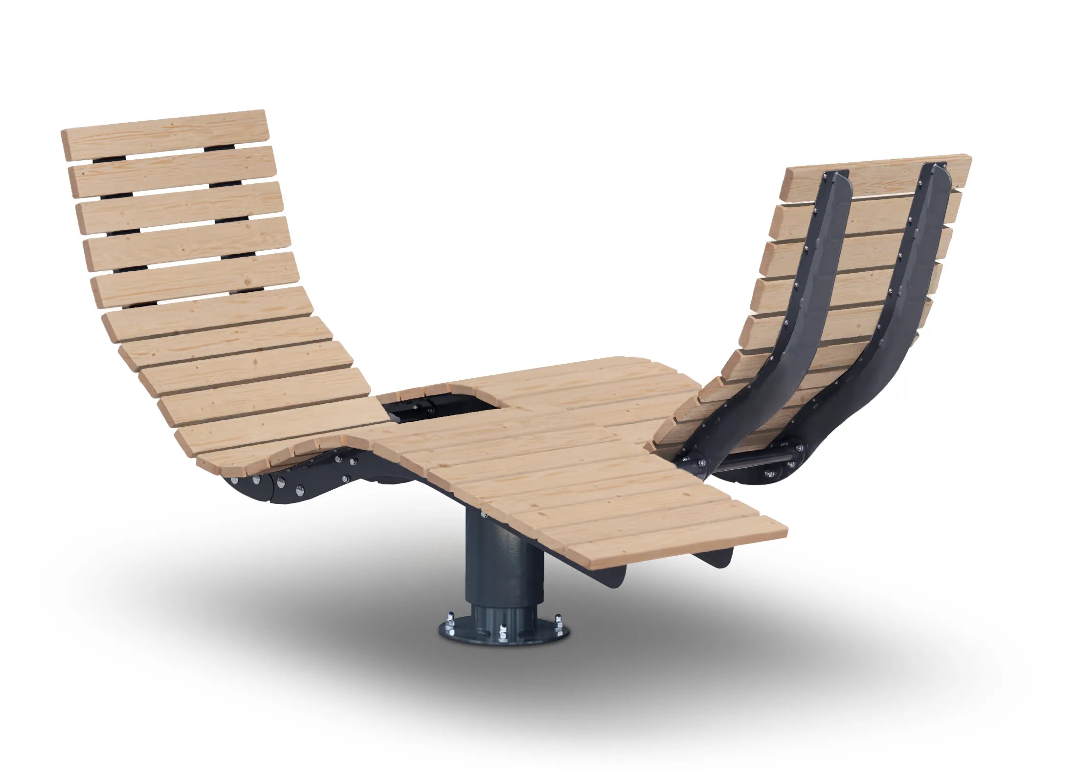 Gegenüberliegendes Waldsofa von Liegeland aus nordischer Fichte ohne Grundplatte, drehbare Park-Doppelliege für Gespräch, Begegnung und gemeinsames Entspannen.