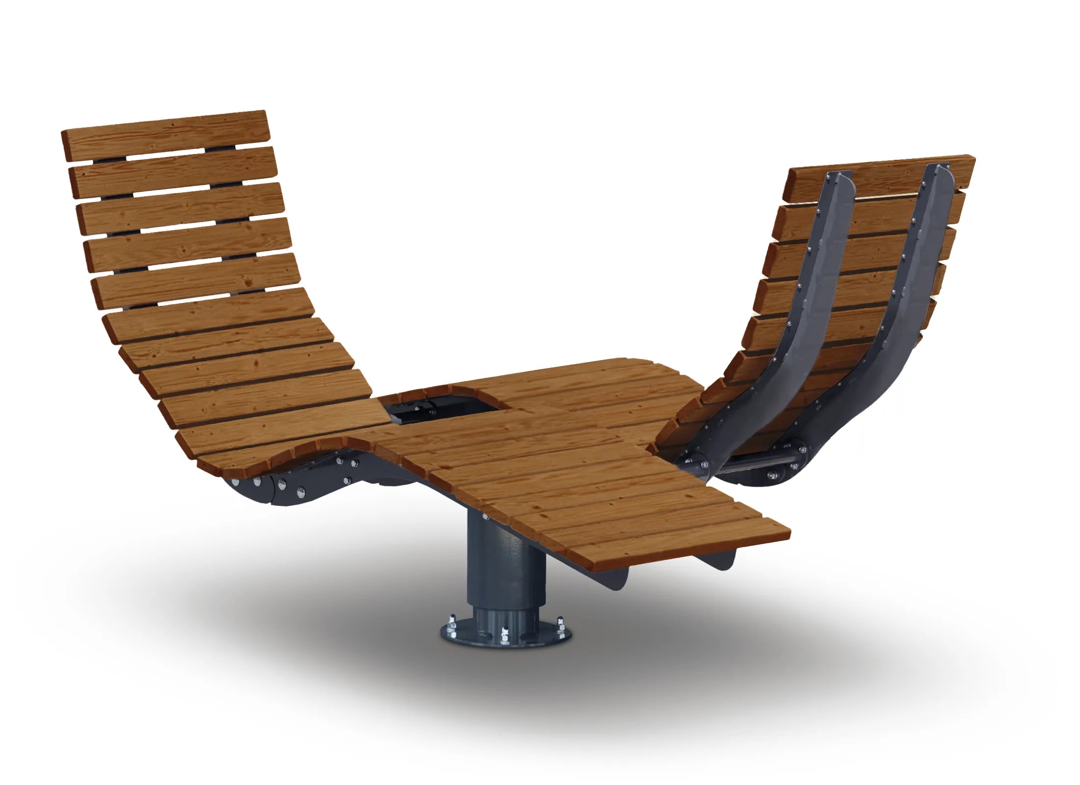 Drehbares Gegenüber-Waldsofa von Liegeland aus Thermoholz ohne Grundplatte, stabile Kommunikationsliege mit verzinktem und pulverbeschichtetem Stahlgestell RAL 7043.