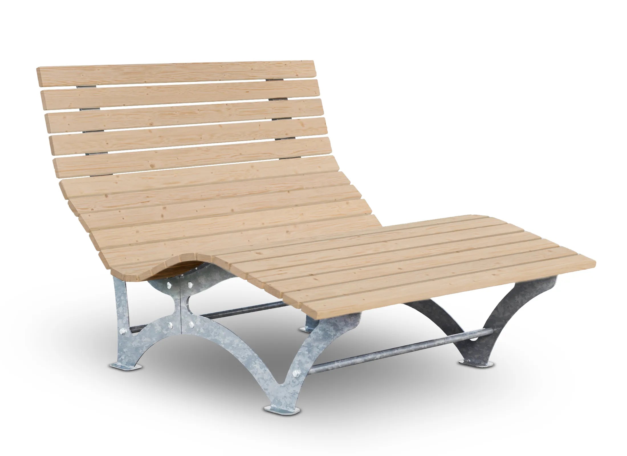 Waldsofa Klassisch aus nordischer Fichte mit verzinkter Stahlkonstruktion, gemütliche Doppelliege und natürliche Outdoor-Ruhebank für Gärten und öffentliche Grünflächen.