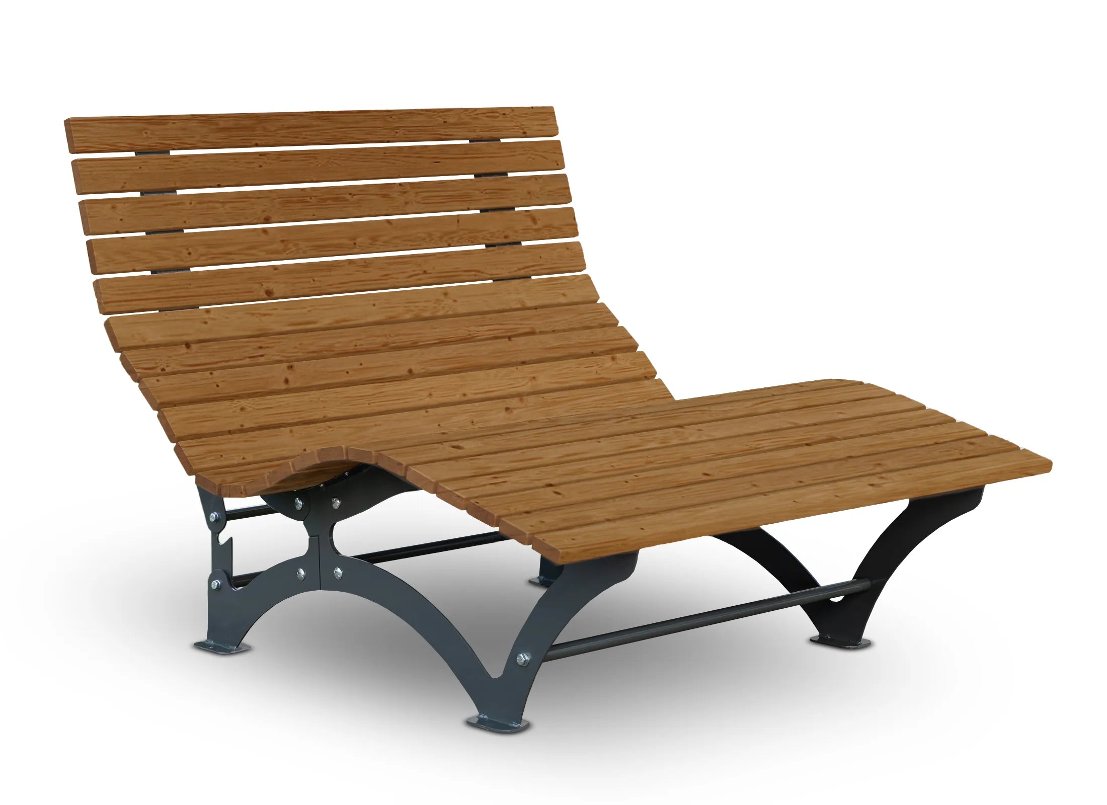 Verstellbare Waldliege von Liegeland aus Thermo-Fichte oder Thermo-Kiefer mit pulverbeschichtetem Stahlrahmen RAL 7043, moderne Outdoor-Relaxliege mit innovativer Lehnenverstellung ohne Werkzeug.