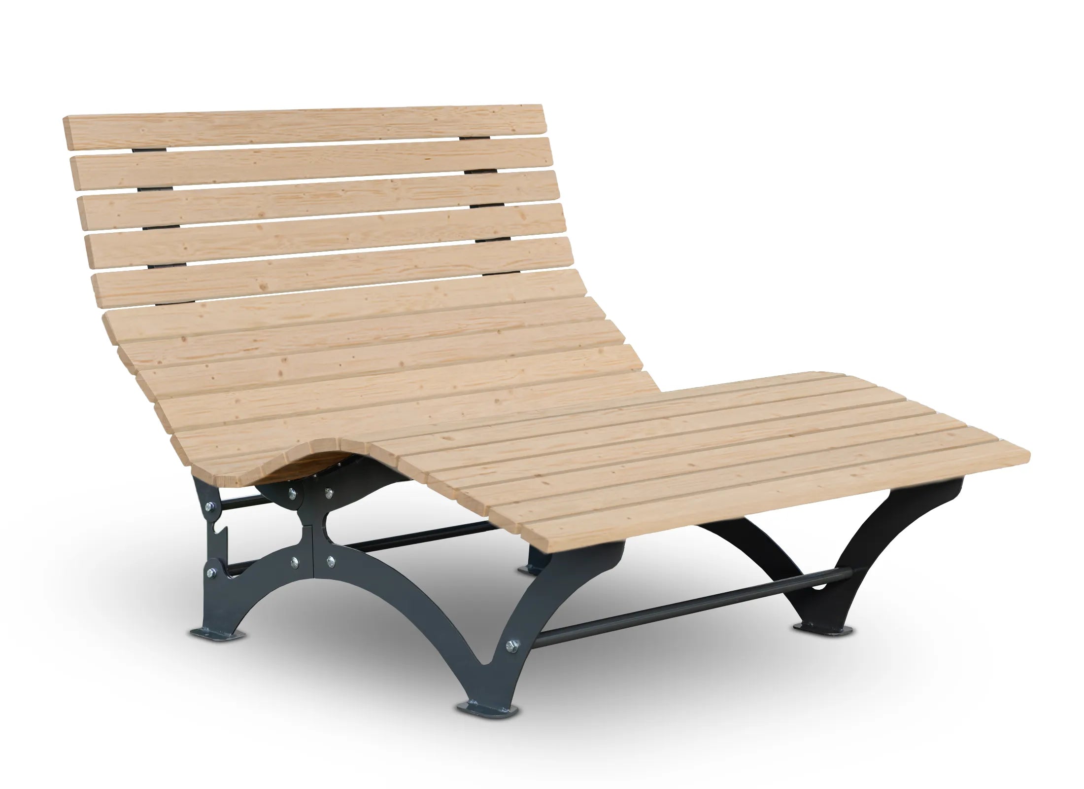 Waldsofa Verstellbar von Liegeland aus nordischer Fichte mit verzinktem, pulverbeschichtetem Untergestell in RAL 7043, flexible Garten-Doppelliege mit werkzeuglos einstellbarer Rückenlehne.