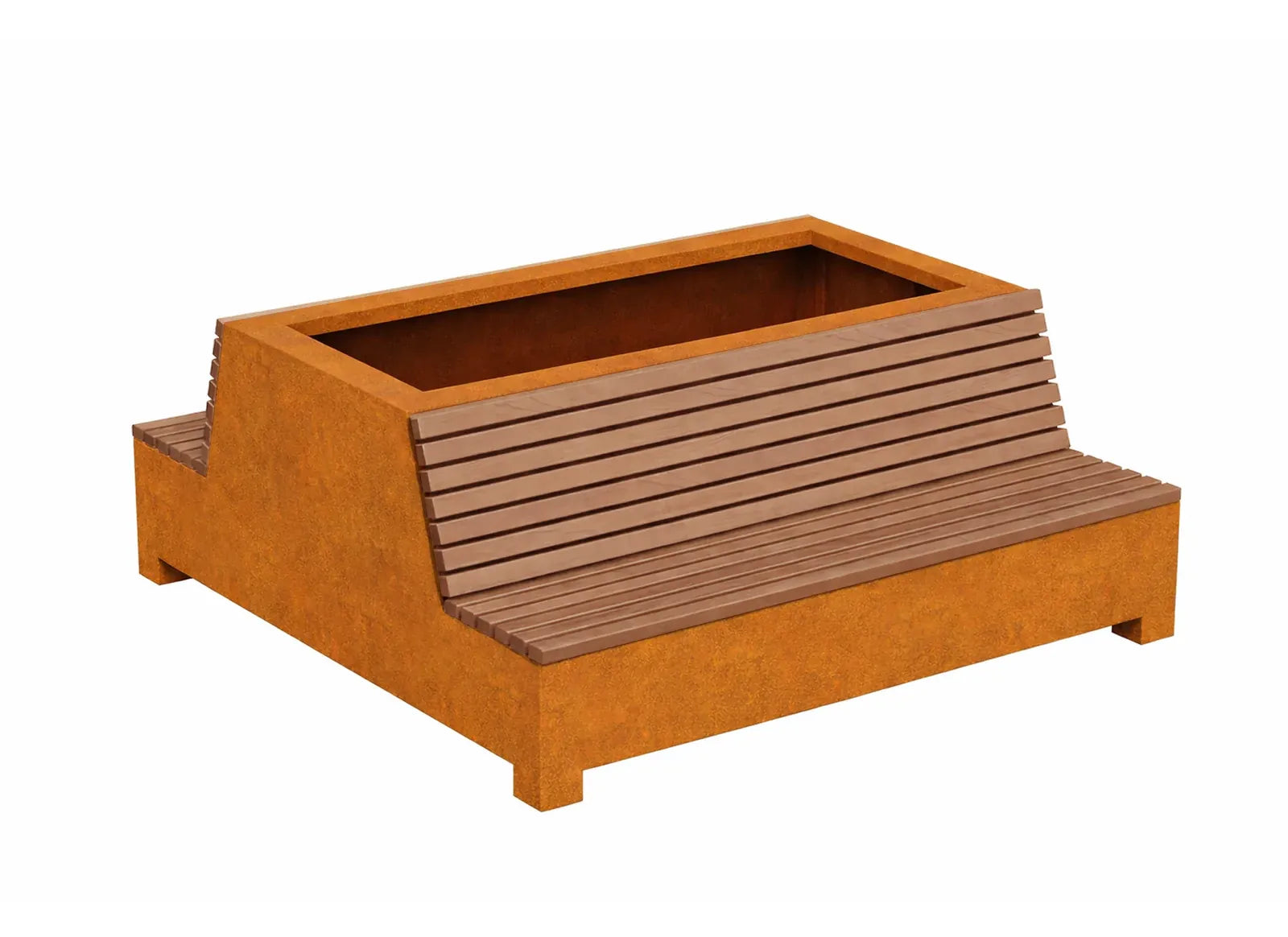 Sitz- und Hochbeet-Kombination aus Cortenstahl – modernes Stadtmöbel mit beidseitiger Sitzbank und integriertem Pflanzkübel, ideal für öffentliche und städtische Bereiche