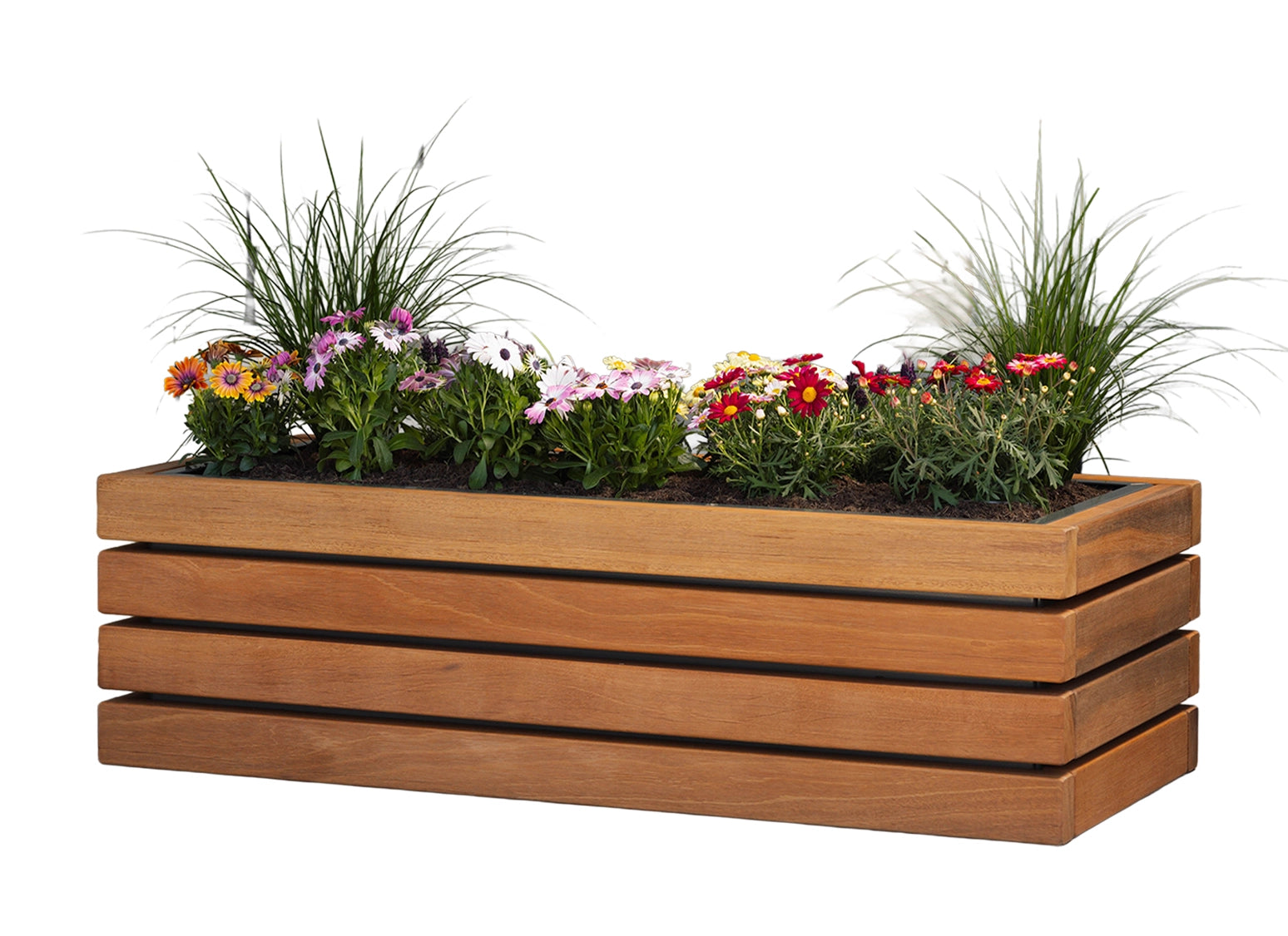 Blumenkübel Florentina mit stabilem Stahlkern und Außenverkleidung aus Bangkirai oder Thermo-Kiefer, hochwertiges Pflanzbeet mit warmer Holzoptik für Garten und Terrasse.