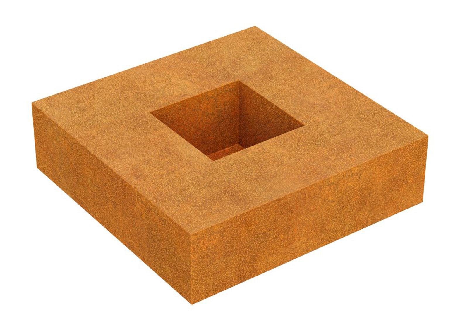 Quadratische Feuerschale aus Cortenstahl in moderner, klarer Formgebung, stilvolle Feuerstelle und minimalistisches Feuerobjekt mit Edelrost-Patina für Terrasse und Garten.