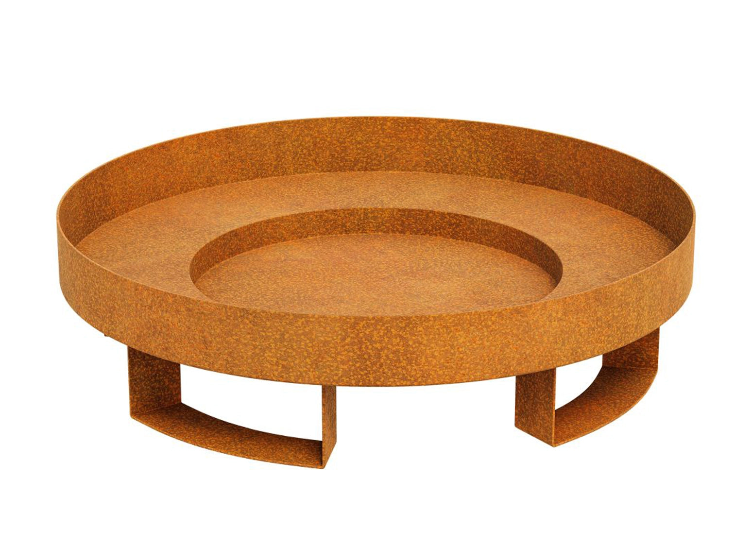 Runde Feuerschale aus Cortenstahl mit stabilen Füßen, moderne Feuerstelle und dekoratives Feuerobjekt in Edelrost-Optik für Terrasse, Garten und Außenbereich.