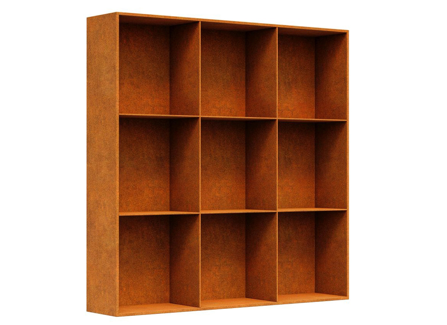 Geschlossenes Cortenstahl Gartenregal mit Rückwand und Edelrost-Patina zur geschützten Aufbewahrung von Holz, Pflanzen und Outdoor-Dekoration.