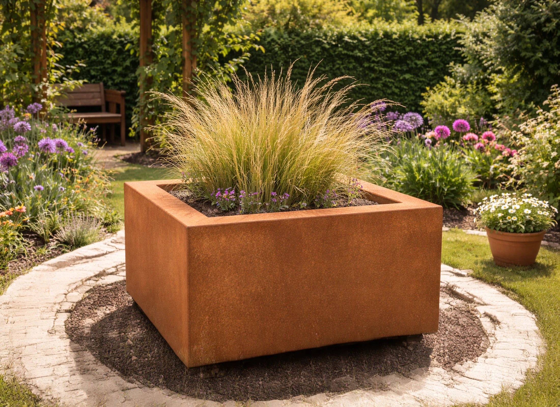 Massives Hochbeet aus Cortenstahl – quadratisches Pflanzbeet, Blumenkübel und Blumenbeet als langlebiges Stadtmöbel für Parks, Grünanlagen und öffentliche Räume
