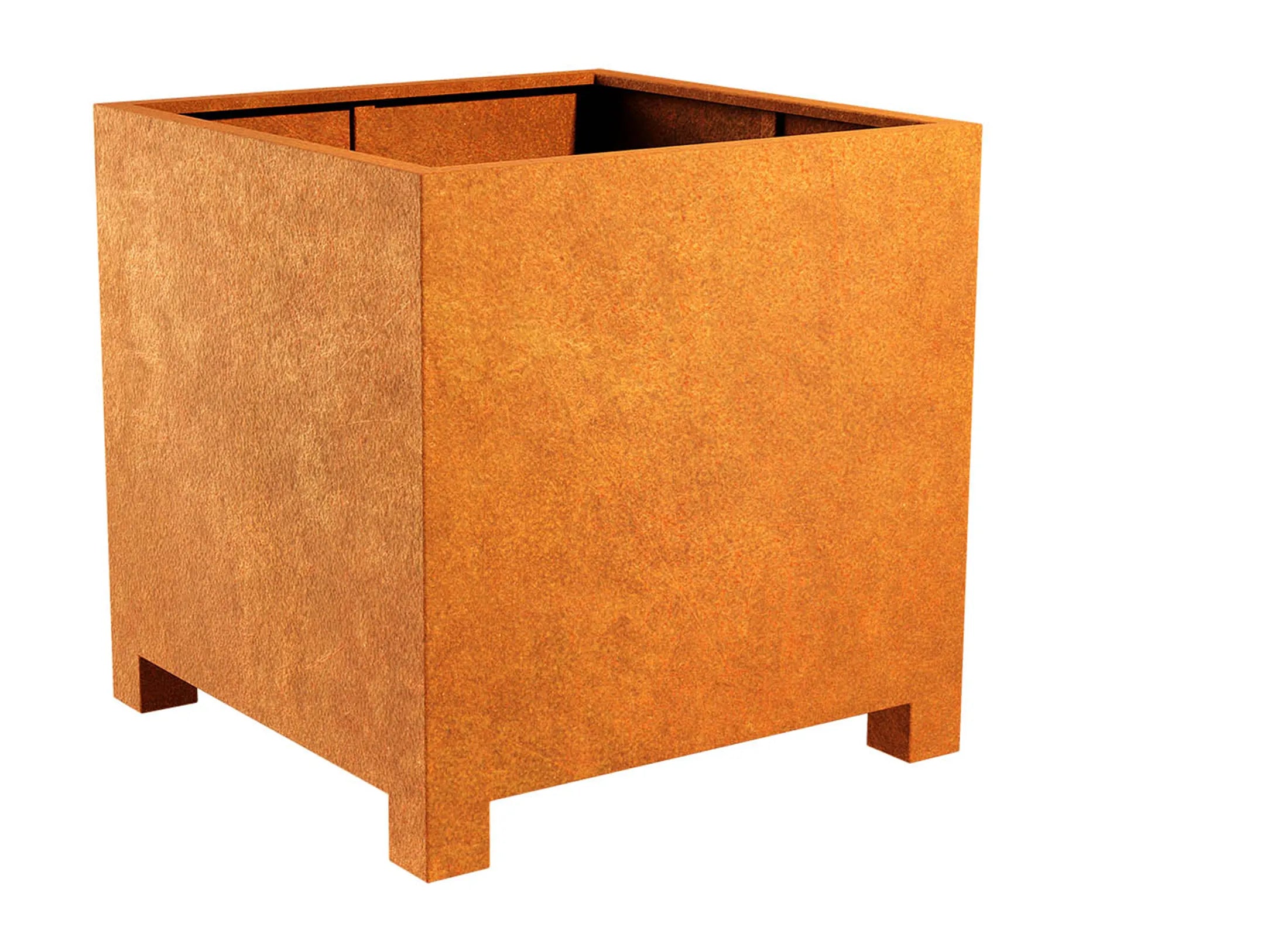 Eckiger Pflanzcontainer 100x100x80 cm aus Cortenstahl in Rostoptik, unterfahrbares Hochbeet mit Drainage für flexible Begrünung im urbanen Außenbereich.