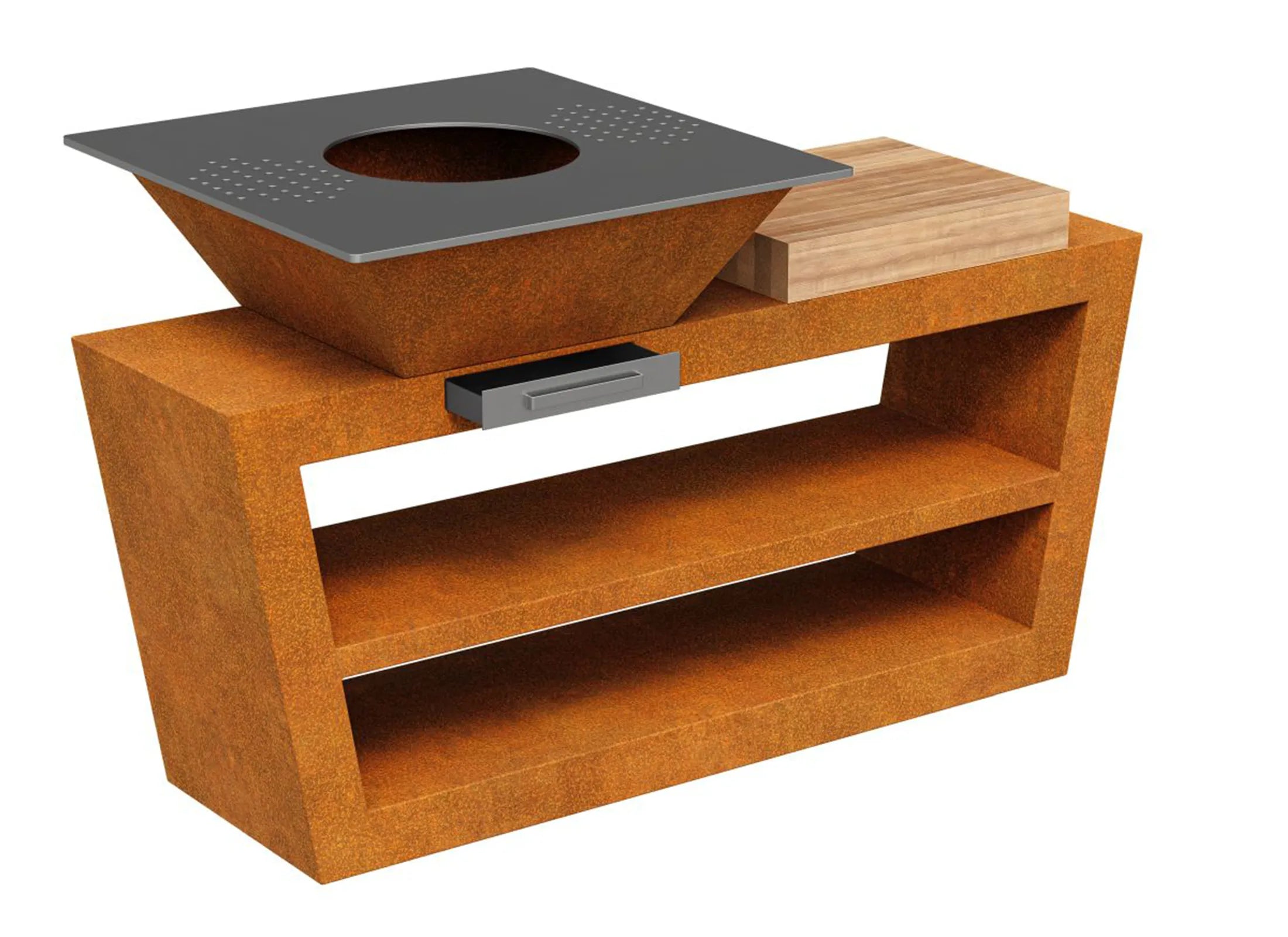 Großformatiger Plancha-Grill 180x90x106 cm aus Cortenstahl, moderne Grillstation und Outdoor-Kochstelle mit Feuerplatte für stilvolle Terrassen- und Gartengestaltung.