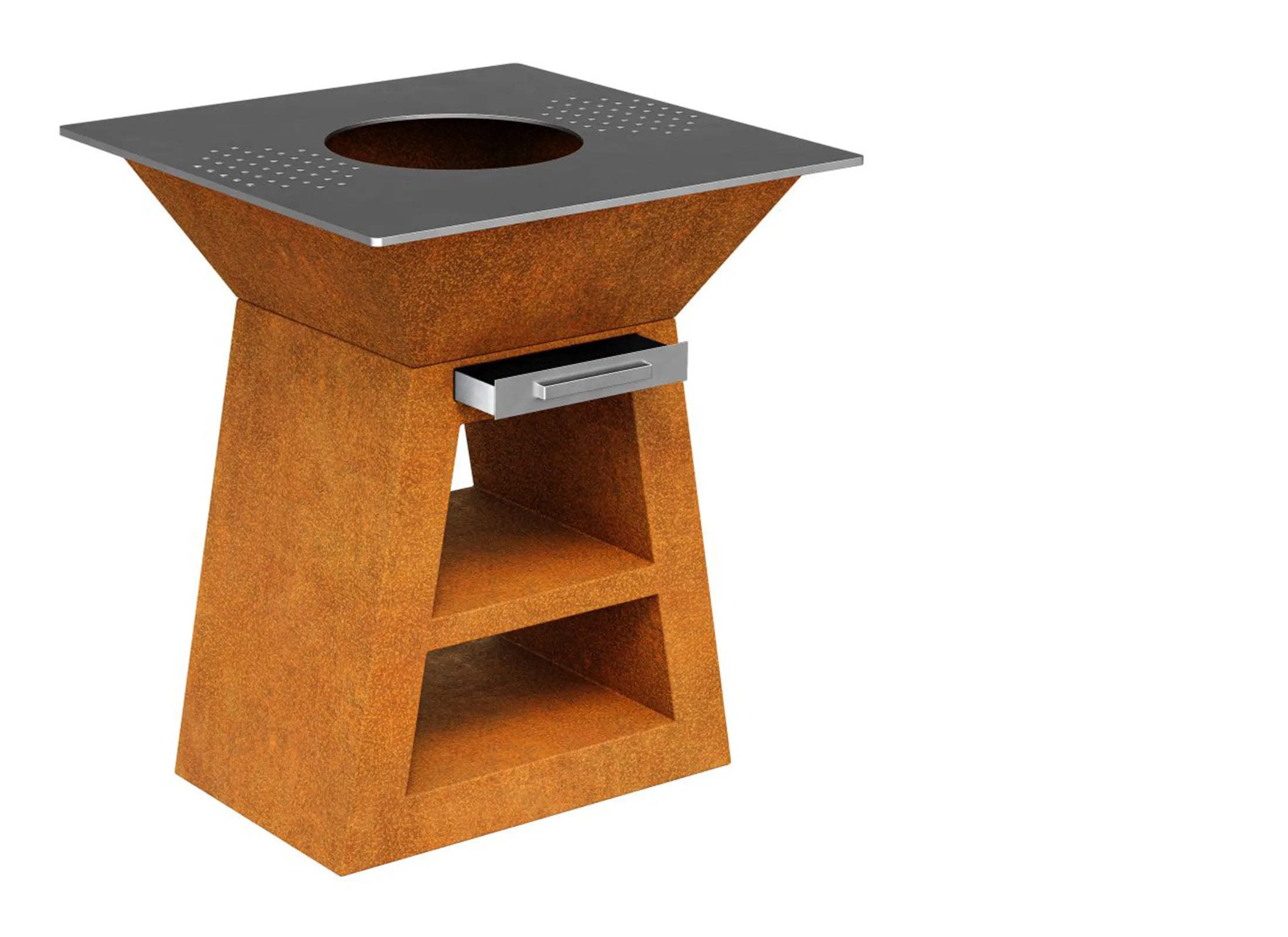 Kompakter Plancha-Grill 90x90x106 cm aus Cortenstahl, quadratische Grillstation und stilvolle BBQ-Kochstelle mit Feuerplatte für Terrasse und Garten.