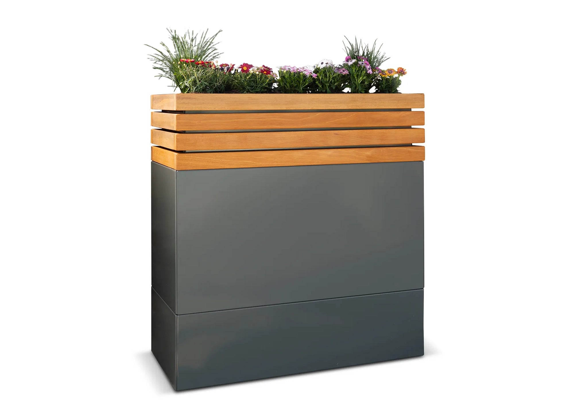 Hochbeet Elevana als extra hohes Pflanzbeet mit Stahlunterkonstruktion in RAL 7043, ergonomischer Pflanzkasten auf bis zu 121 cm Arbeitshöhe für rückenschonendes Gärtnern.