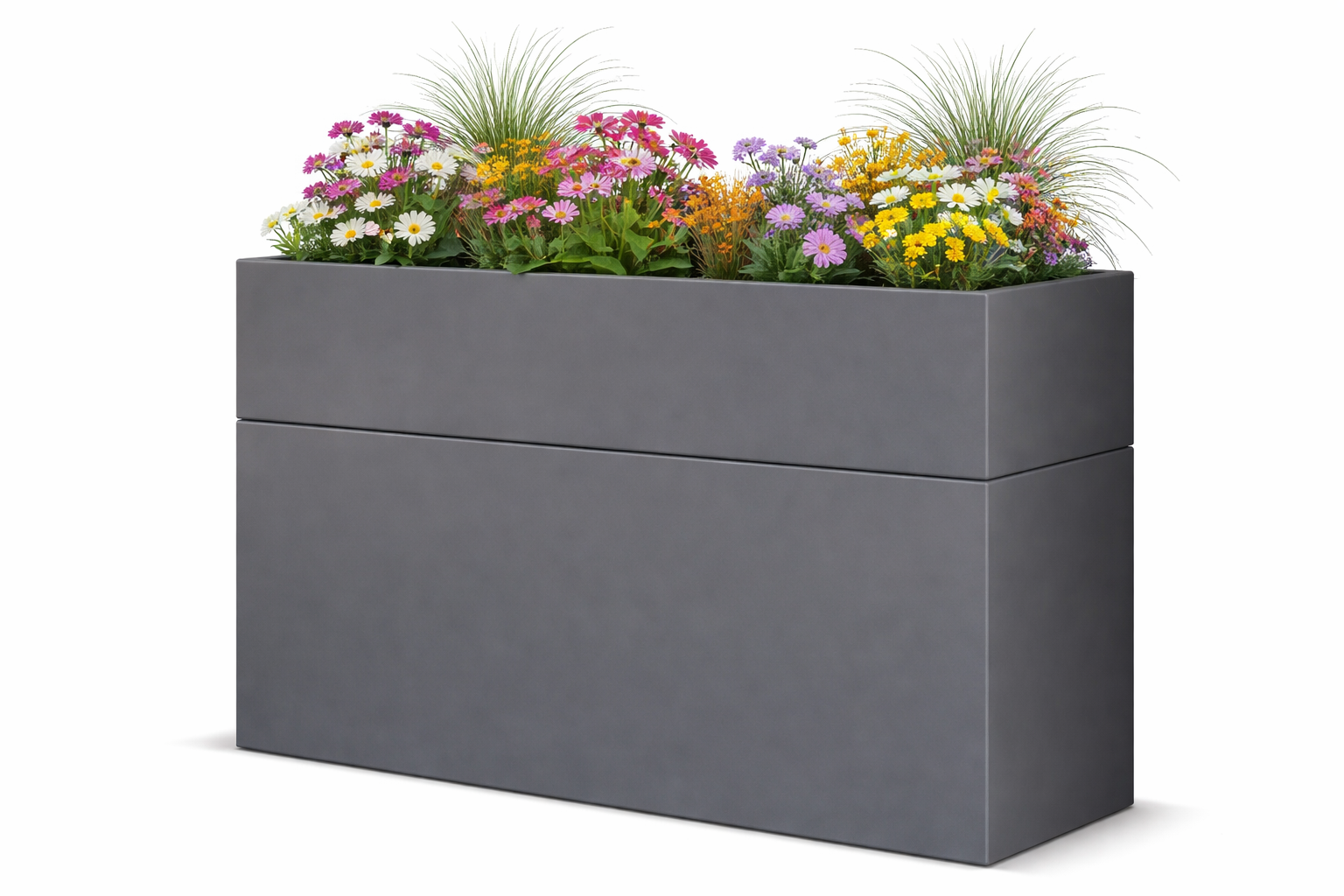 Hochbeet Fusora komplett aus Stahl gefertigt, pulverbeschichtet in RAL 7043, modernes Gartenhochbeet mit klarer Formensprache für zeitgemäße Außenanlagen.