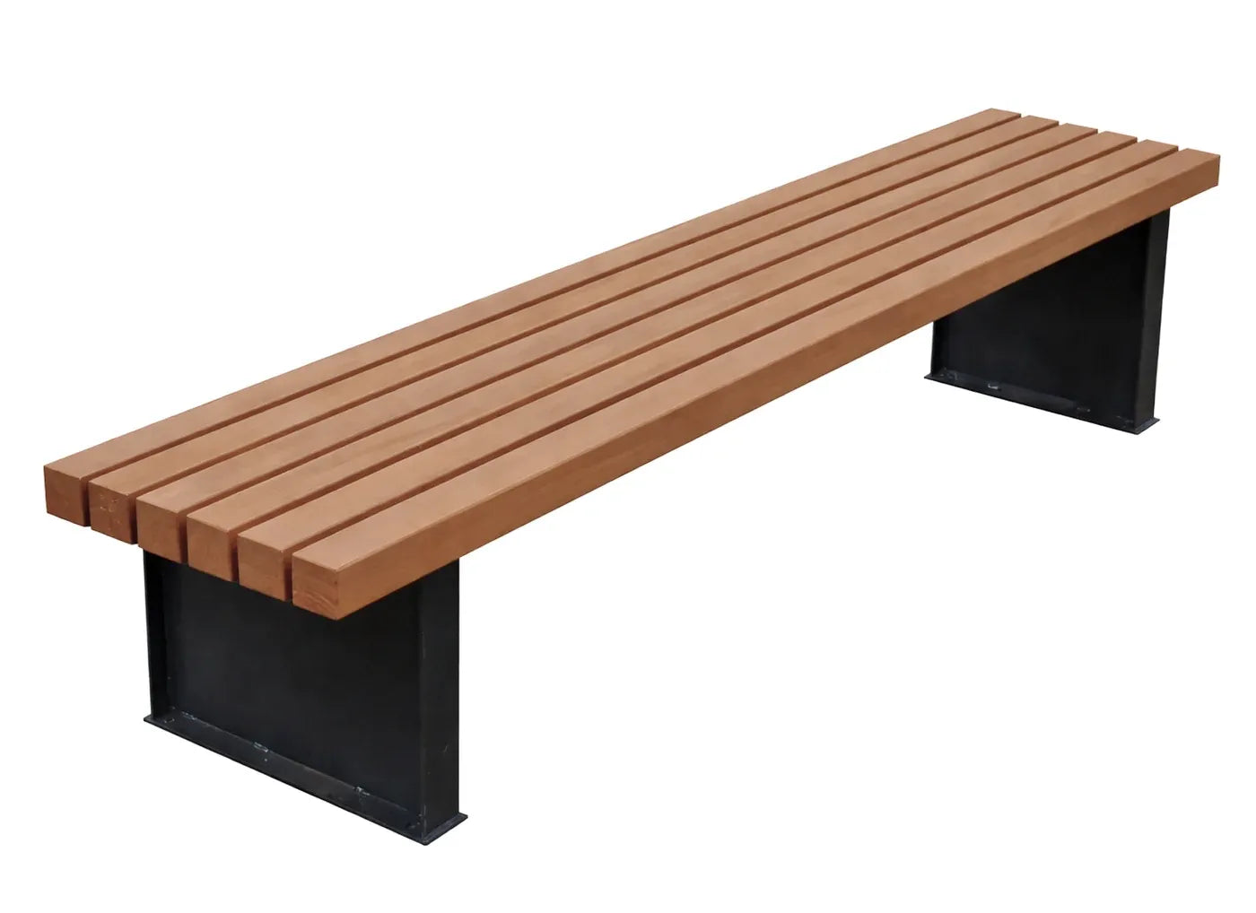 Sitzbank Belle 250x47x45 cm ohne Rückenlehne, modernes Outdoor-Sitzmöbel mit Tropen-Hartholzauflage und pulverbeschichtetem Stahlgestell in RAL 7016.