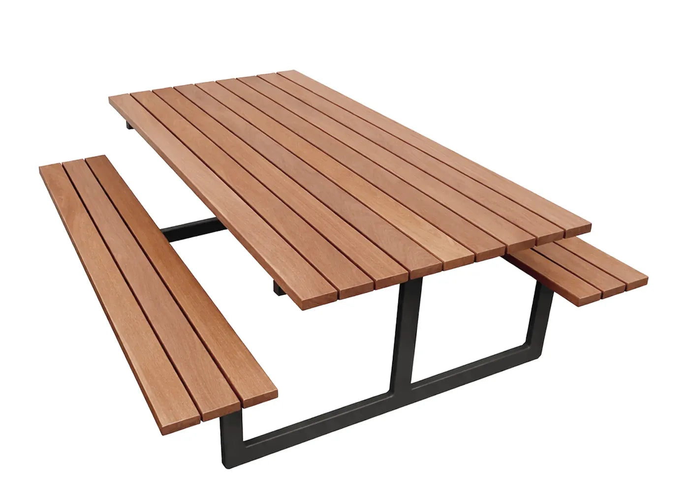 Forest Sitzgruppe mit niedriger Sitzhöhe, massive Tisch-Bank-Einheit aus verzinktem und pulverbeschichtetem Stahl in RAL 7016, wartungsarmes Außenmöbel für stark frequentierte Flächen.