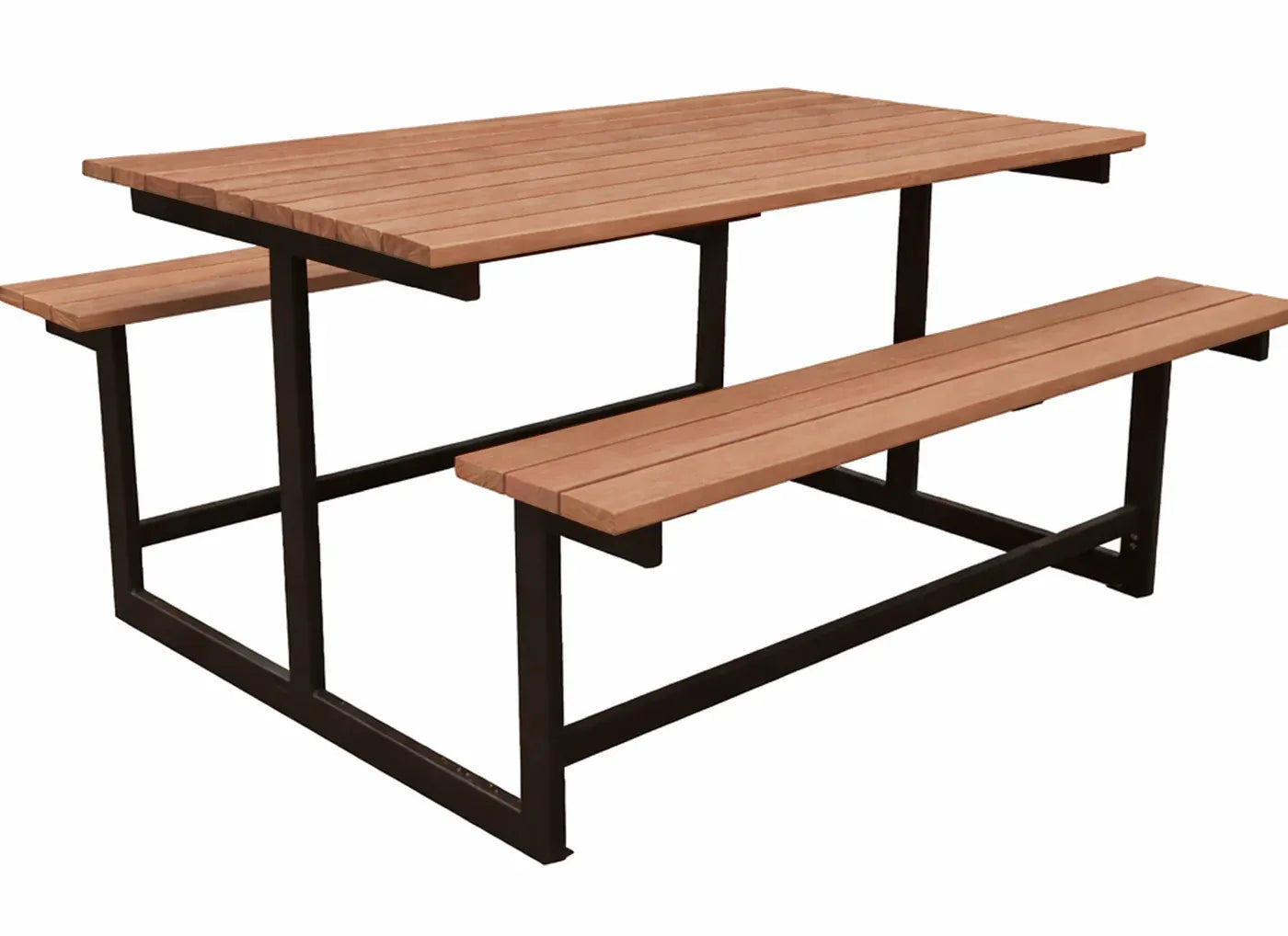 Erhöhte Sitzgruppe Forest mit verzinktem und pulverbeschichtetem Stahlgestell in RAL 7016, vandalismussichere Tisch-Bank-Kombination für Schulhöfe, Firmengelände und öffentliche Außenanlagen.