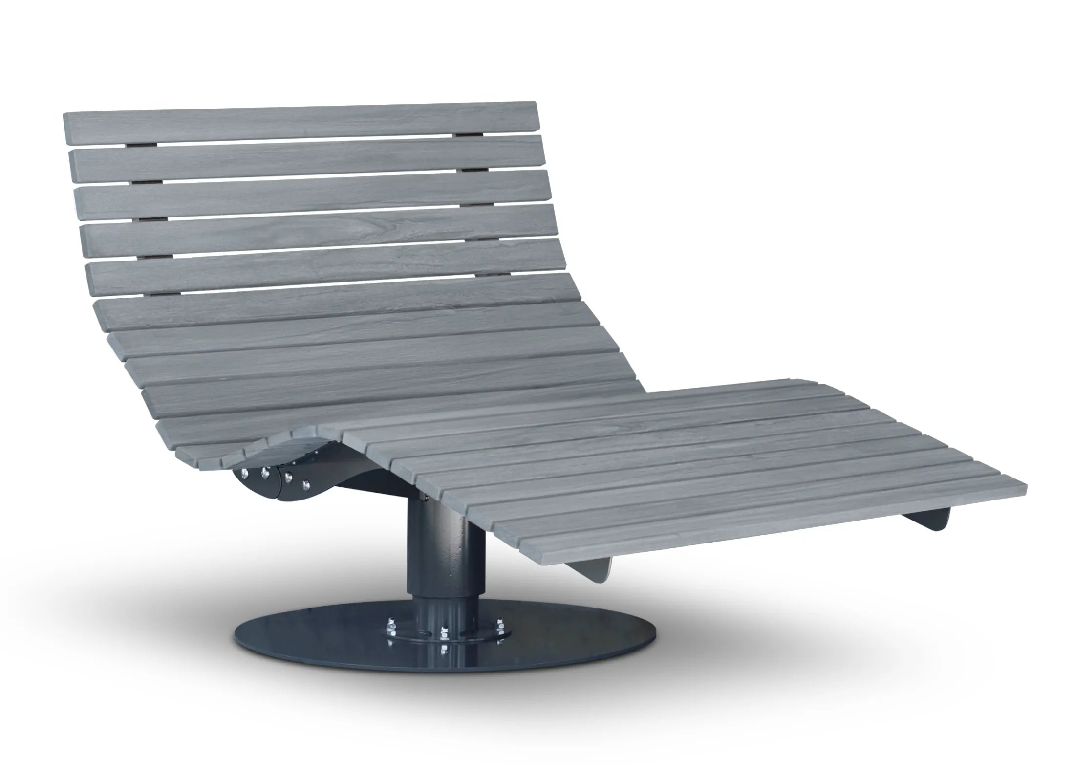 Waldsofa Drehbar von Liegeland aus Accoya Grey mit Grundplatte und pulverbeschichtetem Gestell in RAL 7043, flexible Designer-Drehliege für ebene, befestigte Standorte im Privatbereich.