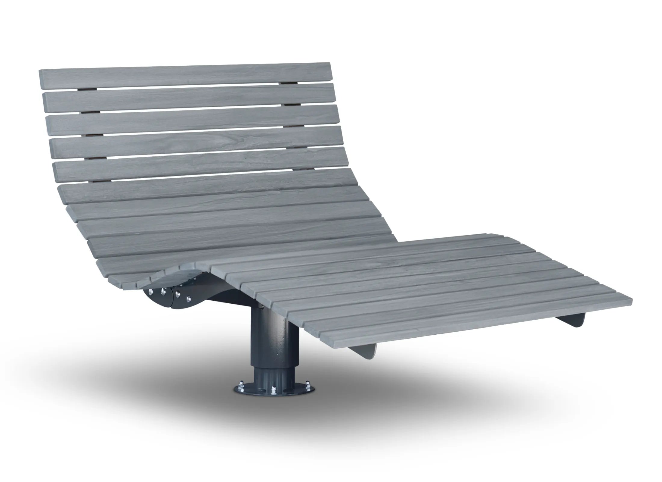 Drehbares Waldsofa von Liegeland aus Accoya Grey mit verzinktem und pulverbeschichtetem Stahlrahmen in RAL 7043, exklusive rotierbare Outdoor-Liege zur festen Installation.