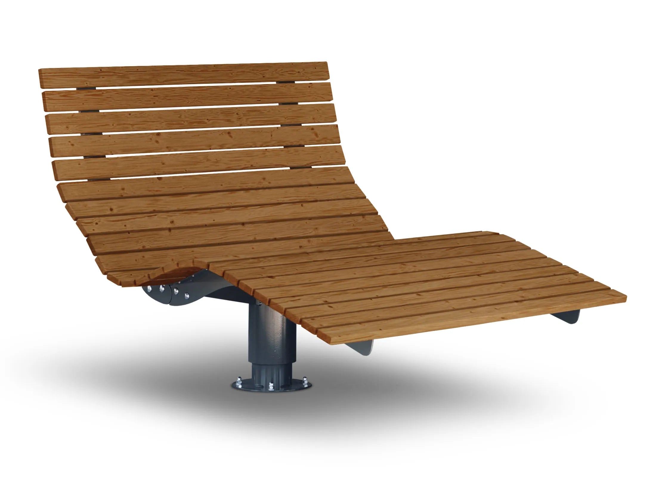 Drehbares Waldsofa von Liegeland aus Thermo-Fichte oder Thermo-Kiefer mit verzinktem und pulverbeschichtetem Stahlunterbau in RAL 7043, stabile Natur-Drehliege für Fundamentmontage.