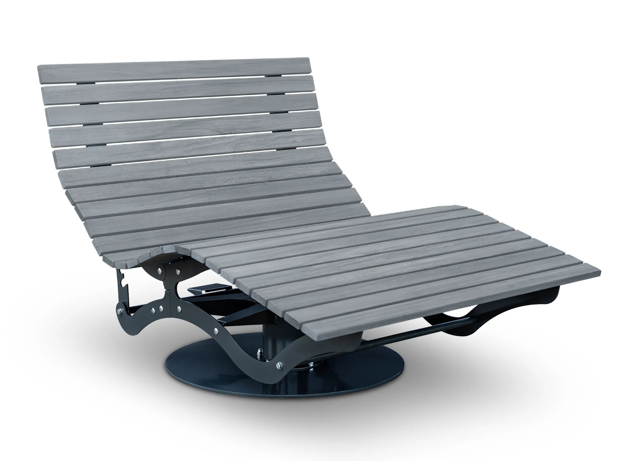 Drehbares und verstellbares Waldsofa von Liegeland aus Accoya Grey mit Grundplatte, exklusive Outdoor-Doppelliege und rotierende Garten-Relaxliege mit 360° Funktion.