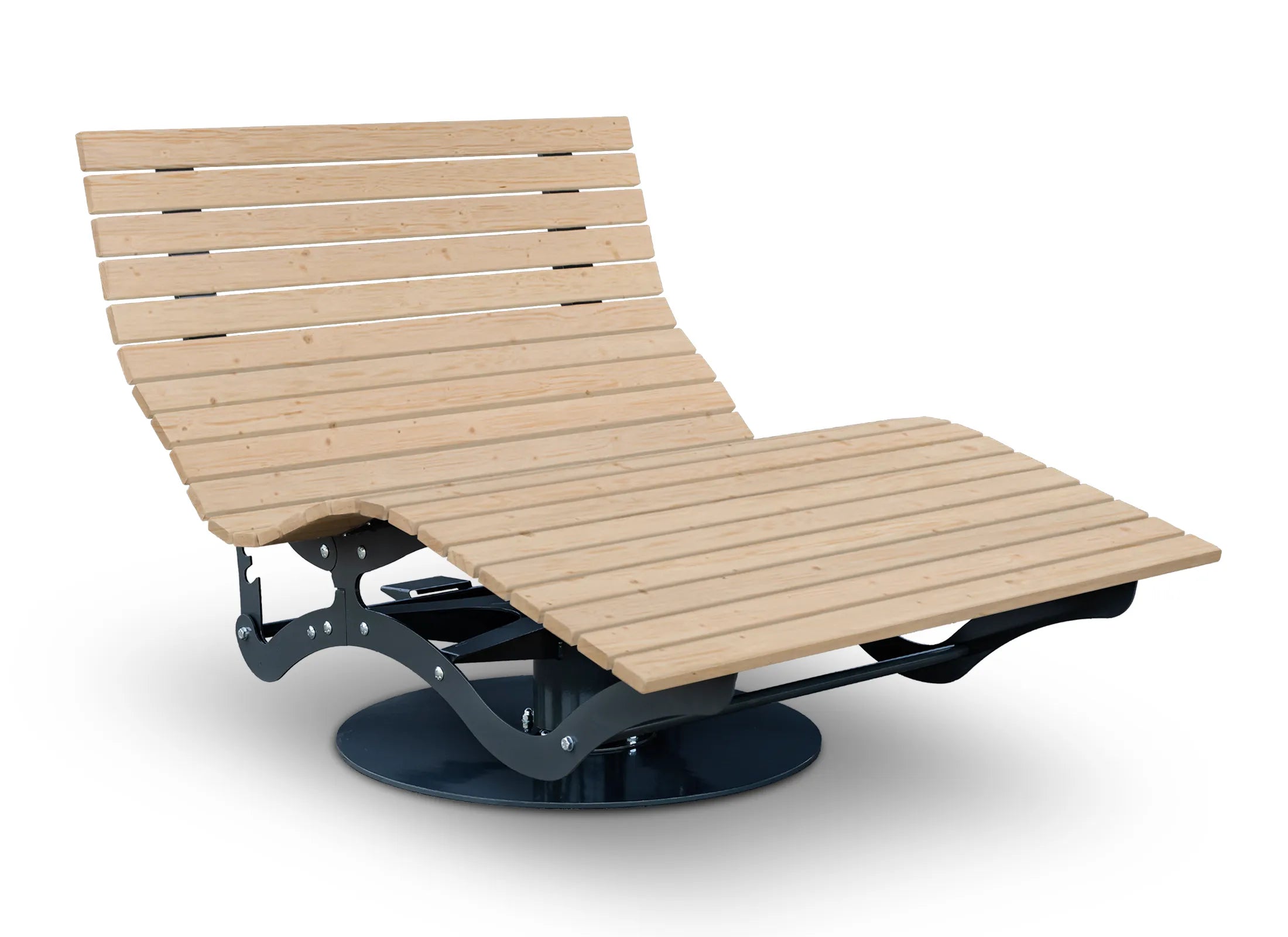 Waldsofa Drehbar und Verstellbar von Liegeland aus nordischer Fichte mit Grundplatte, drehbare Gartenliege und ergonomische Outdoor-Relaxliege mit werkzeugloser Rückenlehnenverstellung.