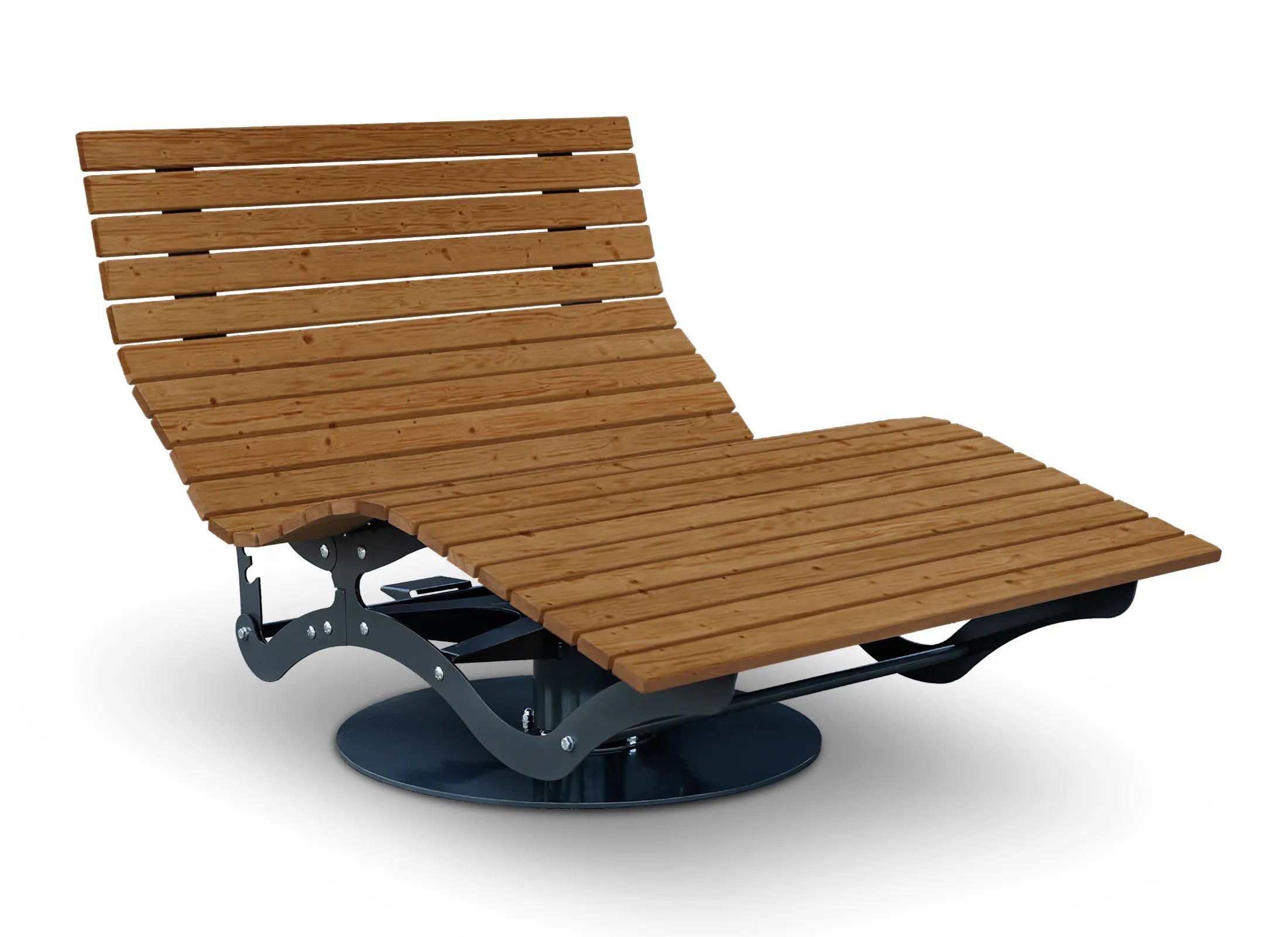 Dreh- und verstellbare Waldliege von Liegeland aus Thermo-Fichte oder Thermo-Kiefer mit Grundplatte, rotierbare Outdoor-Doppelliege und Panorama-Relaxliege mit werkzeugloser Lehnenverstellung.