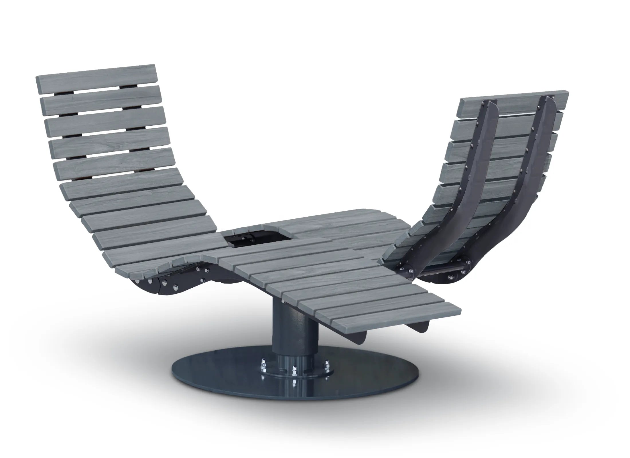 Waldsofa Gegenüberliegend von Liegeland aus Accoya Grey mit Grundplatte, exklusive Panorama-Doppelliege mit 360° Drehfunktion für Hotels, Parks und hochwertige Außenanlagen.