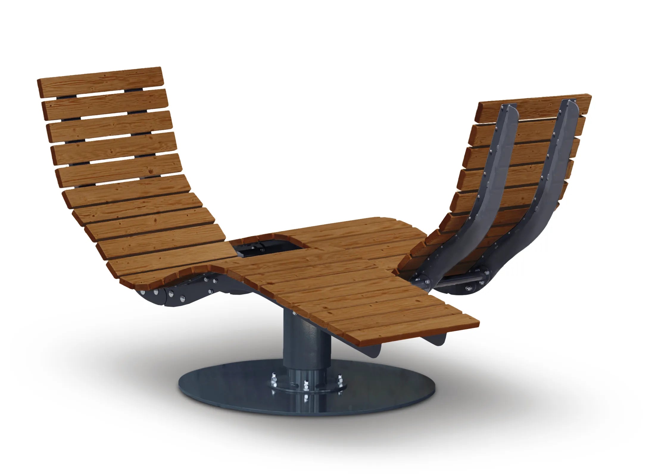 Waldsofa Gegenüberliegend von Liegeland aus Thermo-Fichte oder Thermo-Kiefer mit Grundplatte, 360° drehbare Outdoor-Liegesofa-Plattform für Therapie-, Spa- und Begegnungszonen.