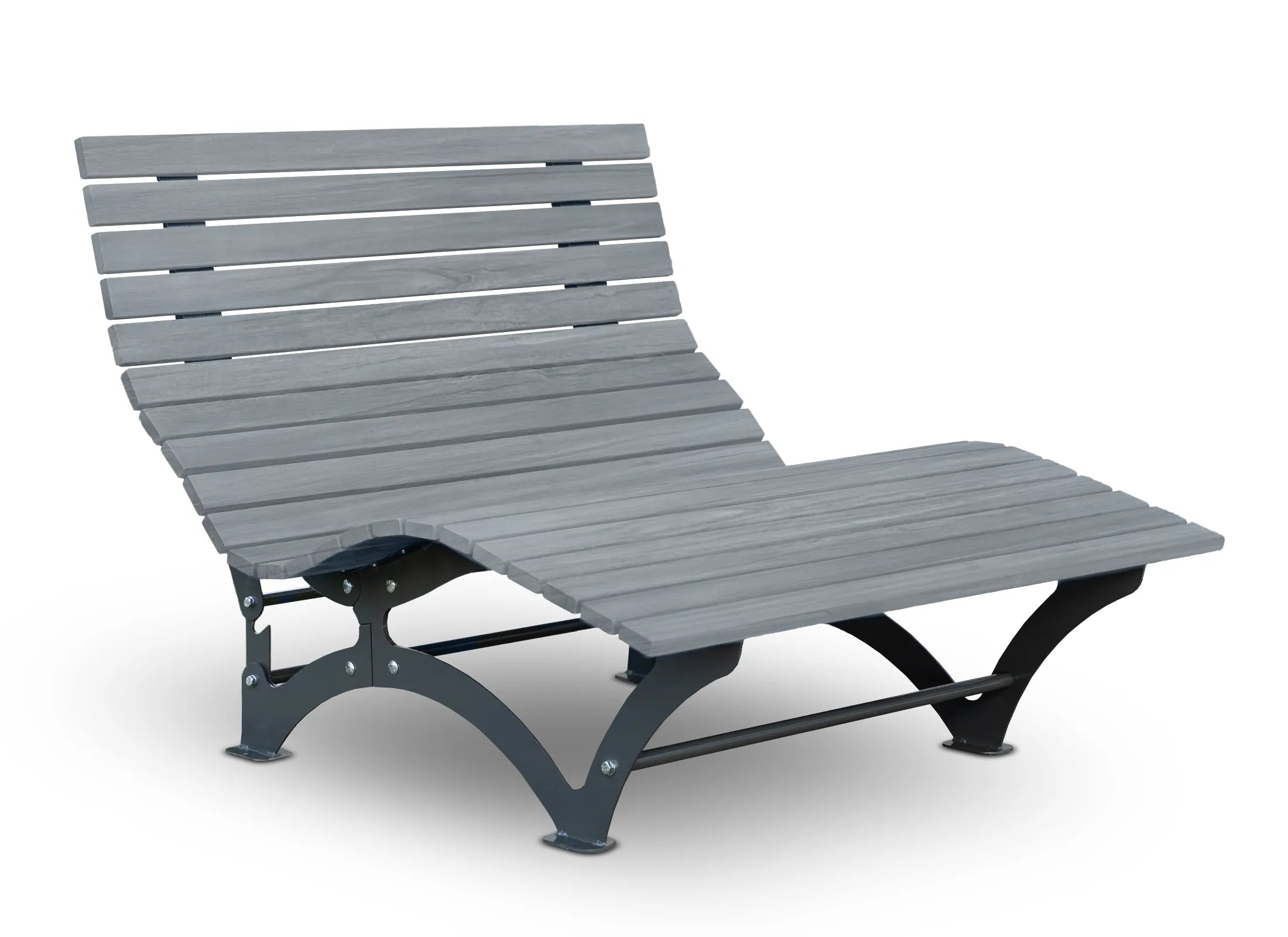 Waldsofa Verstellbar von Liegeland aus Accoya Grey mit verzinktem und pulverbeschichtetem Stahlgestell in RAL 7043, exklusive Garten-Doppelliege mit werkzeuglos verstellbarer Rückenlehne.