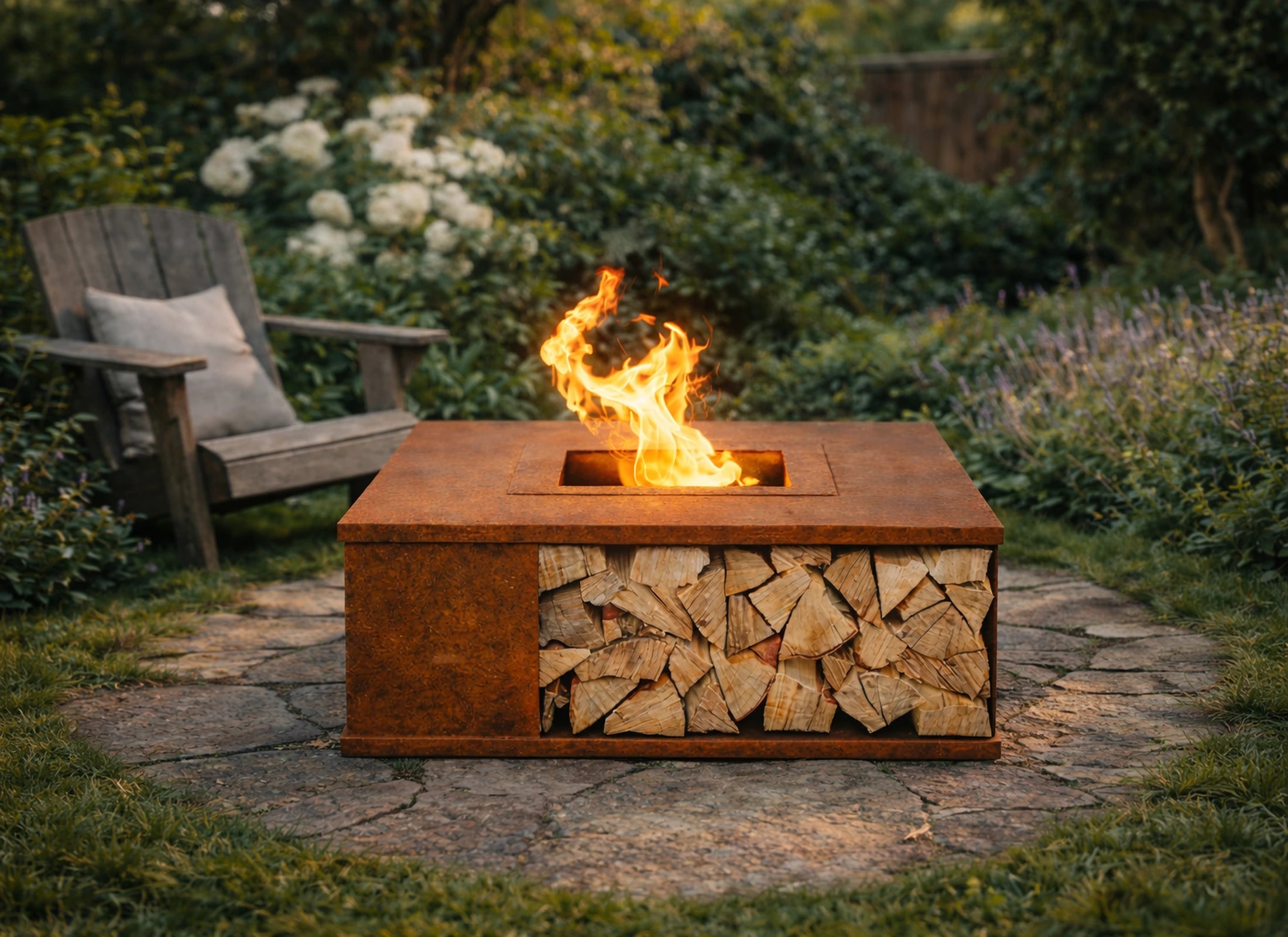 Feuerstelle aus Cortenstahl mit Holzaufbewahrung – elegante Feuerschale, Feuerkorb und Gartenfeuer für den Privatgarten, stilvolle Feuerquelle mit integriertem Holzlager