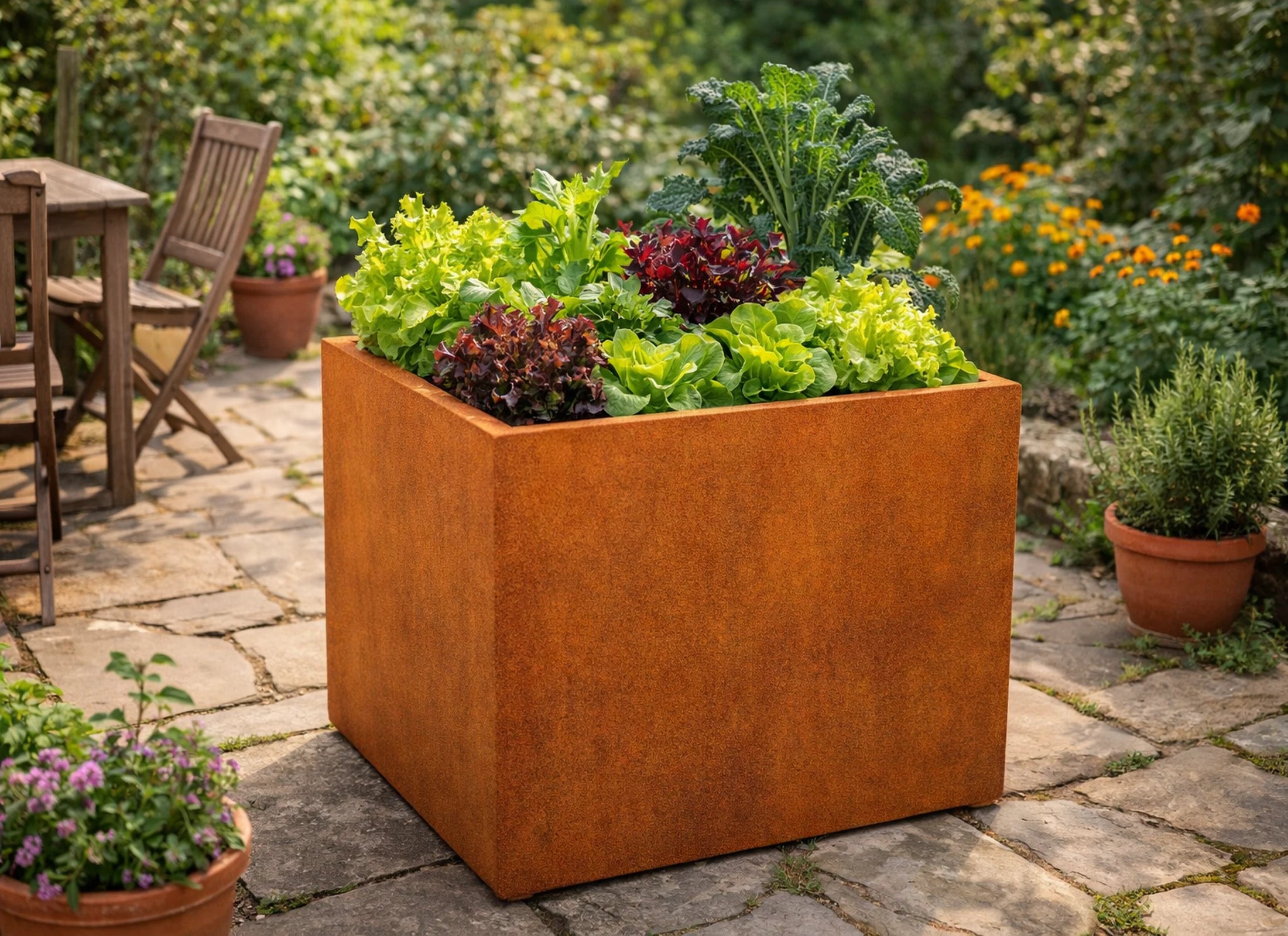 Großes Hochbeet aus Cortenstahl im privaten Garten – quadratisches Gemüsebeet, Pflanzbeet und Blumenbeet als modernes, optisches Highlight